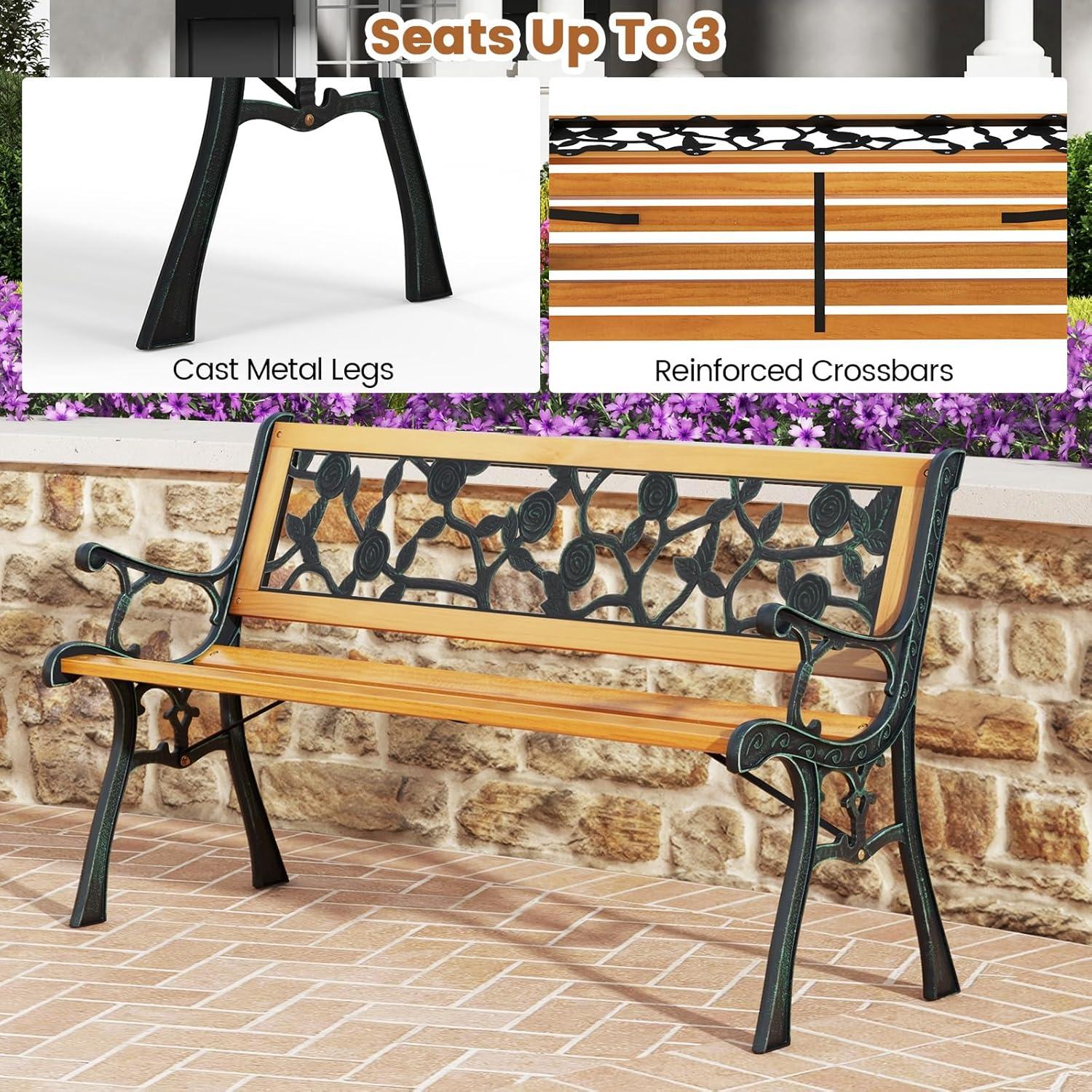 Tangkula Garden Cast Iron Bench Porch Path Loveseat Hardwood Chair for Patio Park