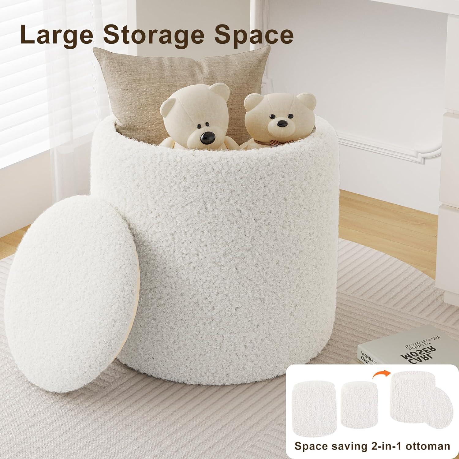 White Boucle Round Storage Ottoman Set with Wooden Lid