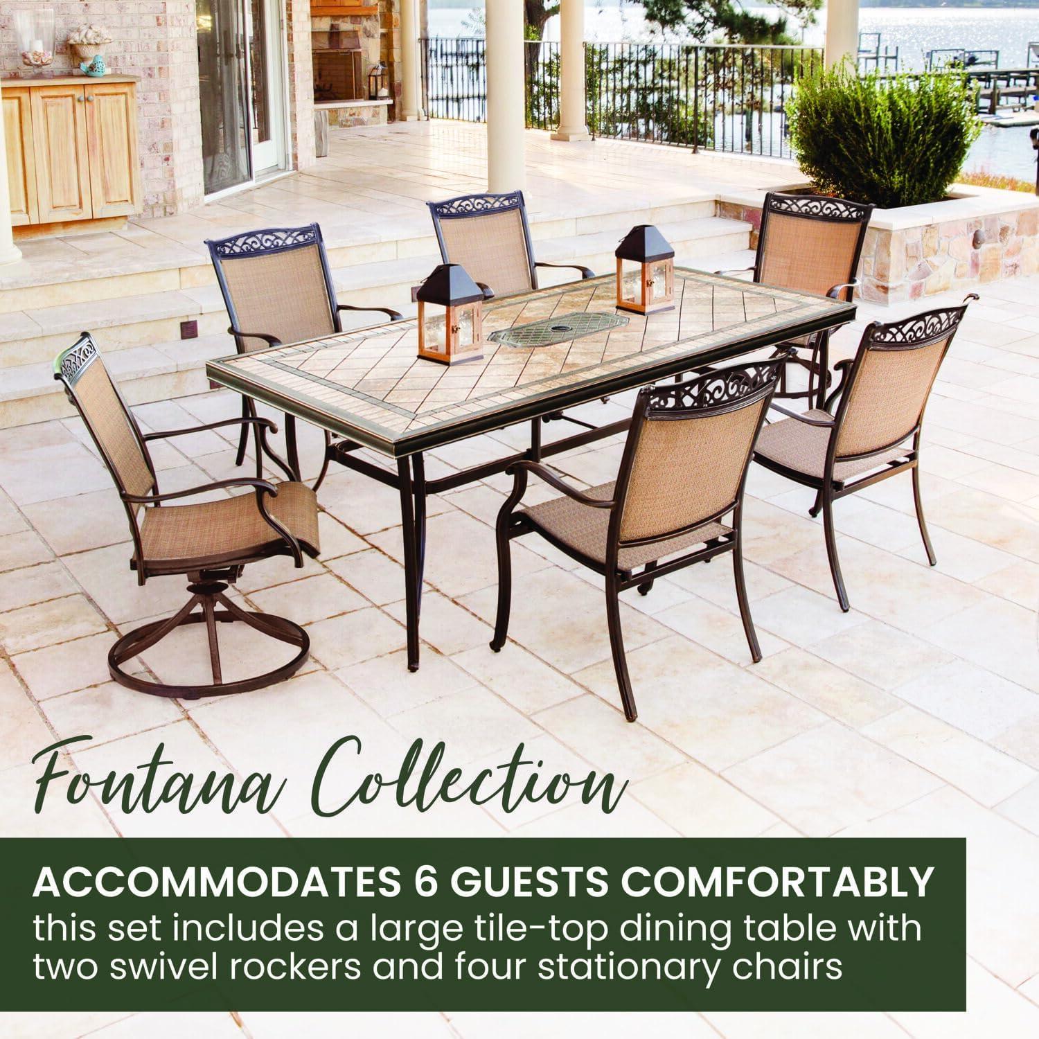 Hanover Fontana 7-Piece Outdoor Dining Set with 2 Sling Swivel Rockers, 4 Sling Chairs, and a 38-In. x 72-In. Cast-Top Table