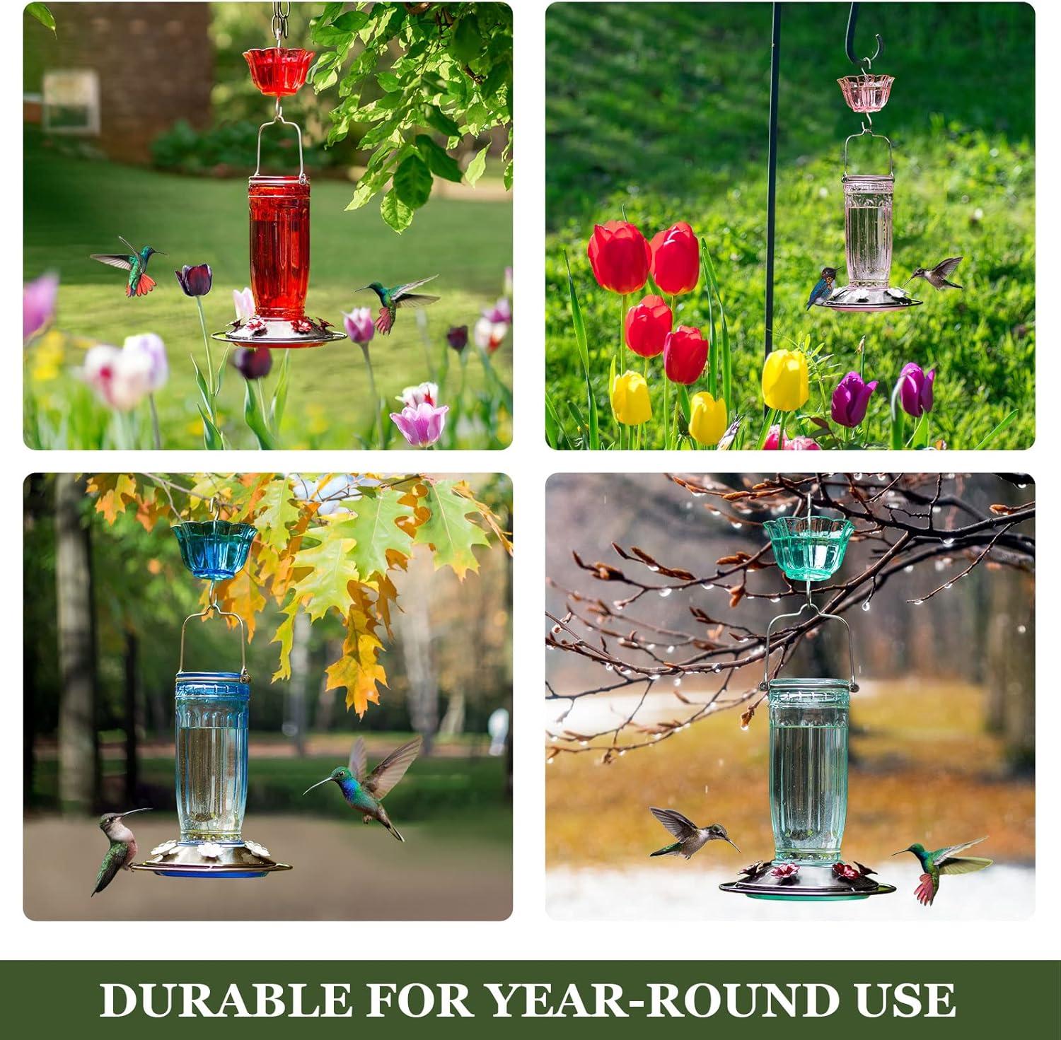 Kingsyard Glass Hummingbird Feeder with 6 Feeding Ports and Ant Moat, 16 oz, Leak Proof, Red