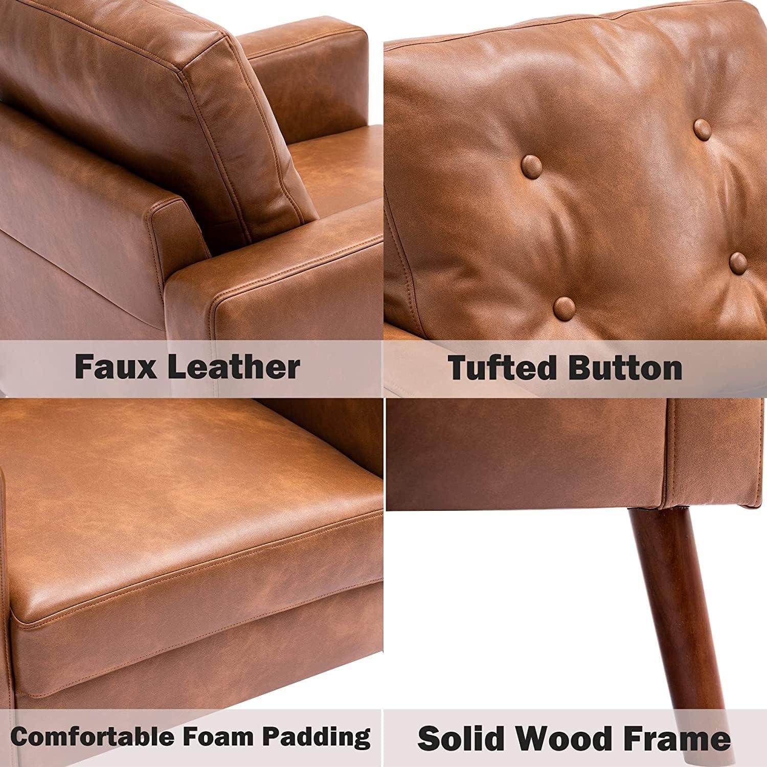 Brown Accent Chairs Set of 2, Mid Century Modern Armchairs, PU Leather Living Room Chairs Tufted Upholstered Lounge Chairs with Wood Legs for Bedroom Waiting Room, Caramel
