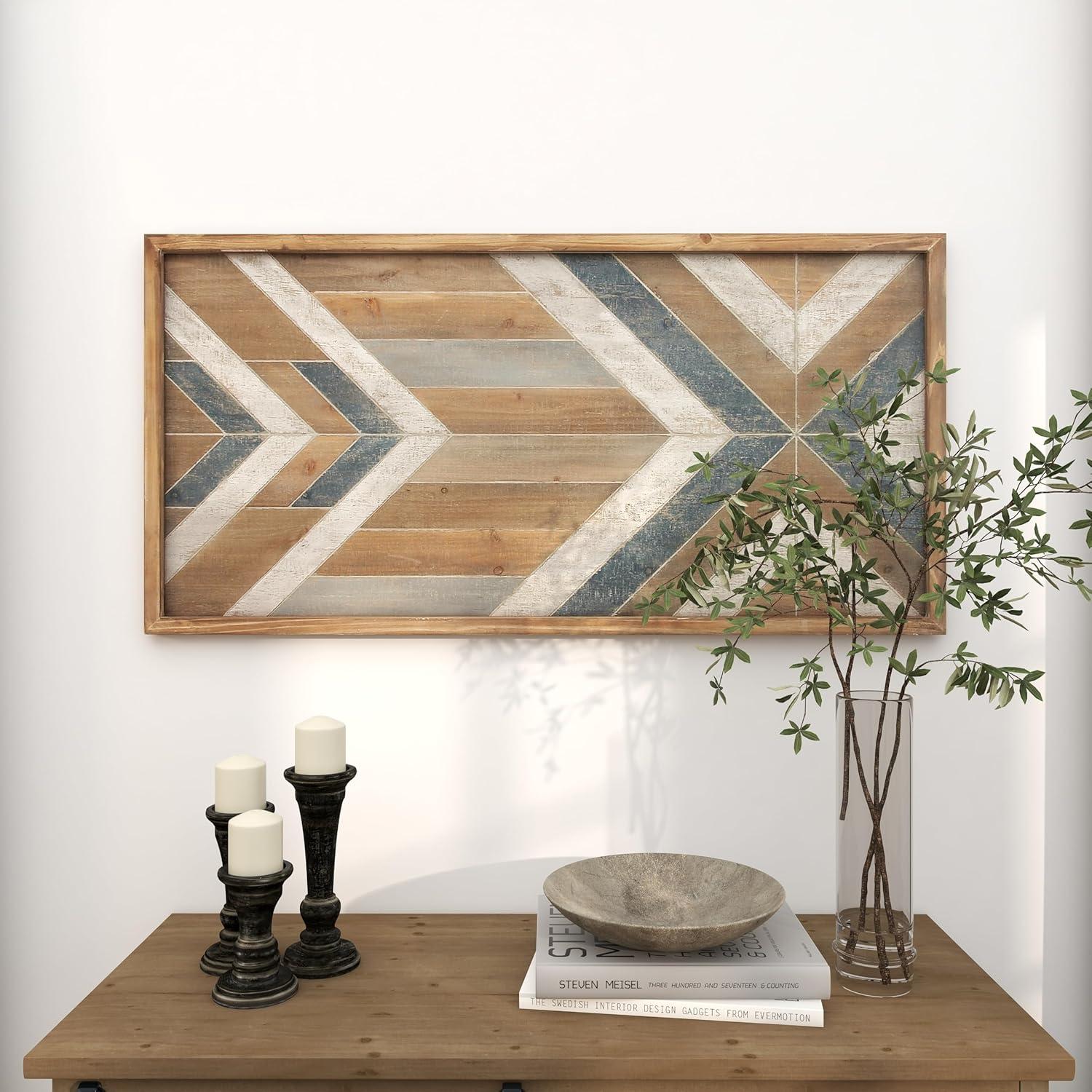 DecMode Farmhouse Distressed Rectangular Wood Wall Décor with Multi Colored Geometric Pattern, 46"W x 23"H