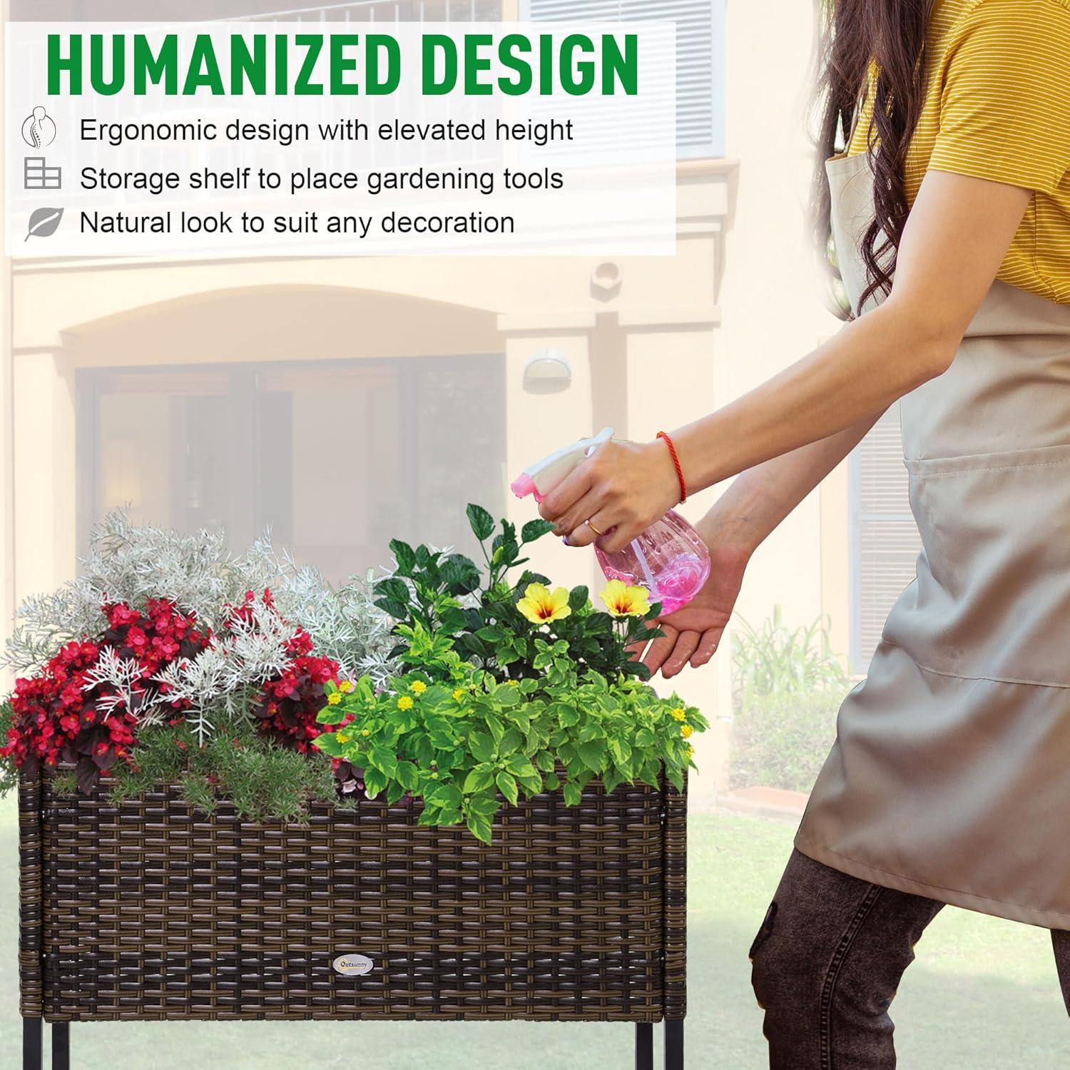 Outsunny Outdoor Flower Stand with legs, Rattan Wicker Look, Tool Storage Shelf, Portable Design for Herbs, Vegetables, Flowers, Brown