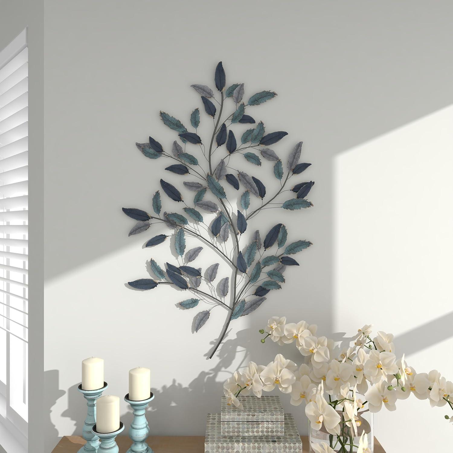 DecMode Blue Metal Leaf Wall Decor with Black Stems