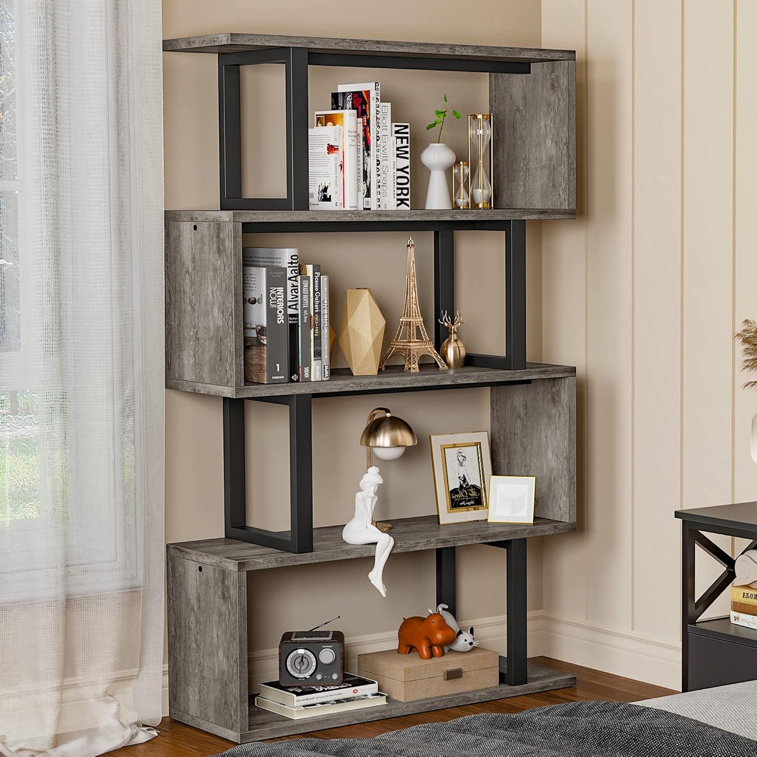 Satiny 5-Tier Bookshelf, S-Shaped Z-Shelf Bookshelves and Bookcase, Industrial Freestanding Multifunctional Decorative Storage Shelving for Living Room Home Office, Gray + Black