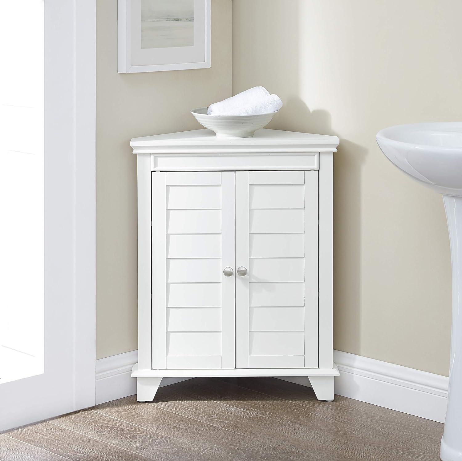 White Wooden Corner Bathroom Cabinet with Adjustable Shelves