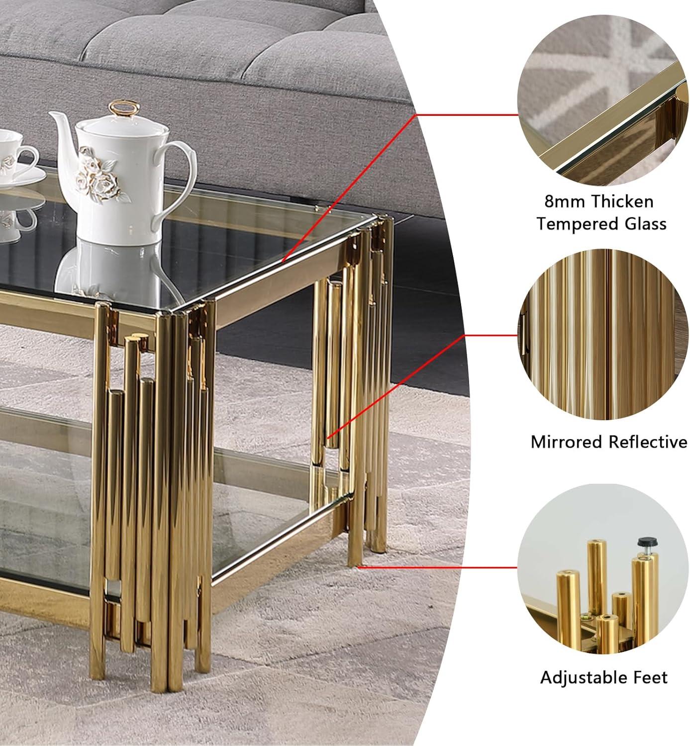 Luxurious Golden Stainless Steel Double-Layer Rectangular Coffee Table with Glass Top  Wide 48” Modern Worker Furniture for Elegant Living Room Decor