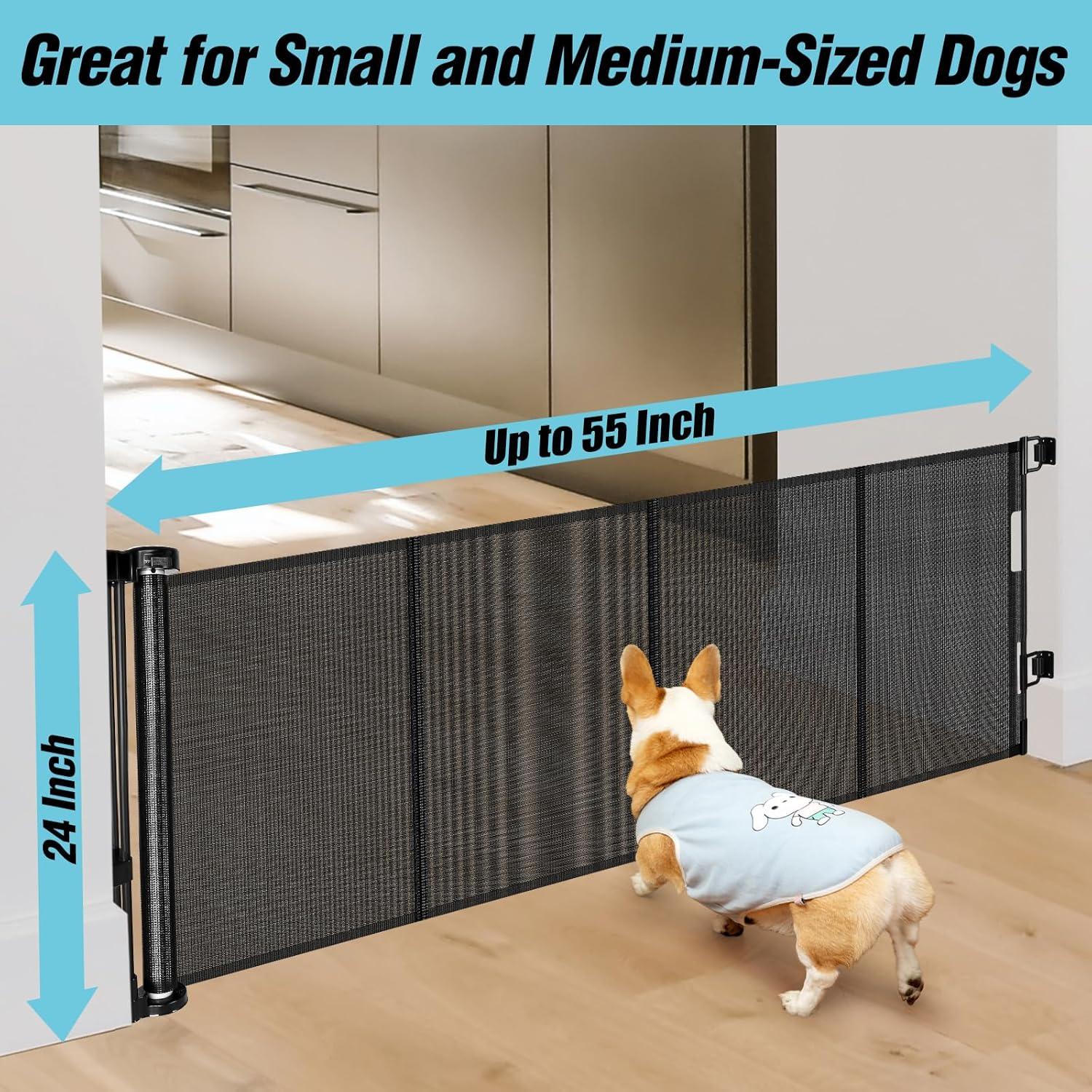 24 Inches Tall Retractable Baby Gates for Doorways, Short Dog Gates to Step Over, Extends up to 55" Wide, Reinforced Mesh Baby Gate for Kids or Pets, Gates Puppy Gates for The House (Black)