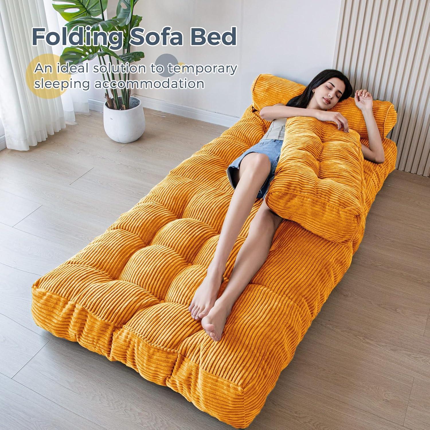 Folding Sofa Bed, Convertible Sleeper Chair with  with Back Support, Portable Fold Out Chair Bed Comfy Floor Sofa Lounge for Living Room Bedroom, Orange, Single