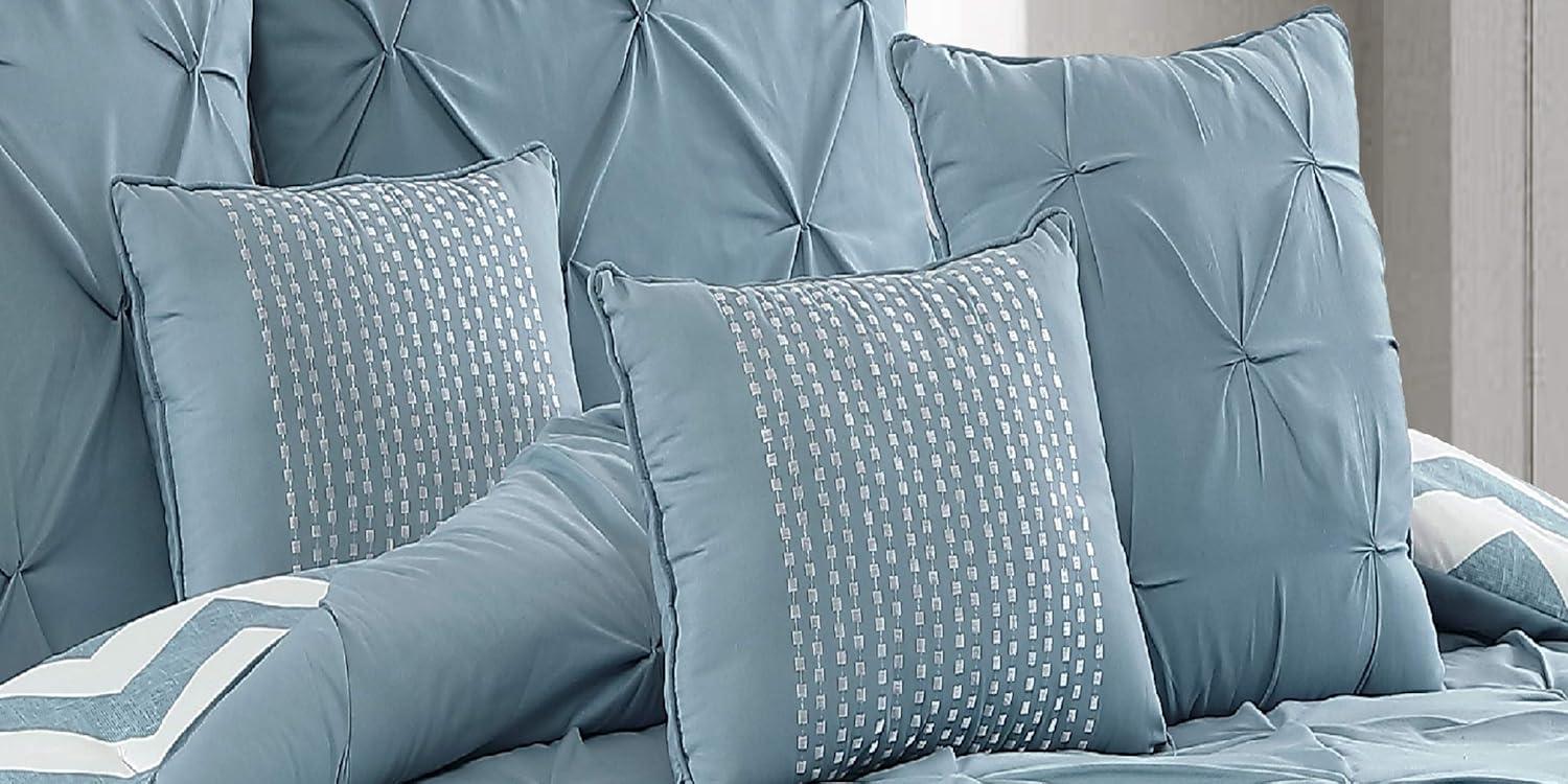 Avondale Manor 7-Piece Ella Comforter Bed Set - Reversible Ultra-Soft Pinch Pleat Spa Blue Bedding Comforter Set with 3 Decorative Pillows for King Bed, Hypoallergenic, 7 Pieces, King Spa Blue