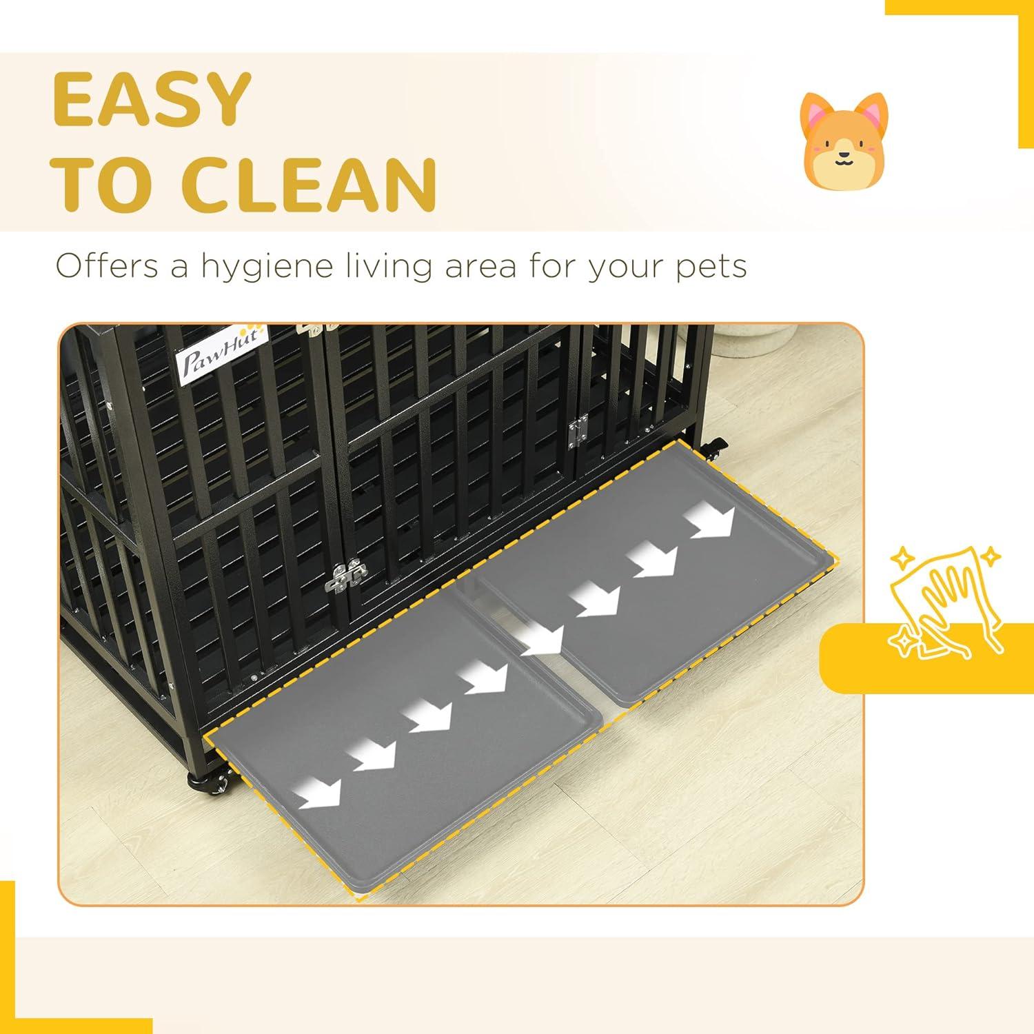 PawHut 41" Heavy Duty Dog Crate Metal Kennel and Cage Dog Playpen with Lockable Wheels, Slide-out Tray and Anti-Pinching Floor