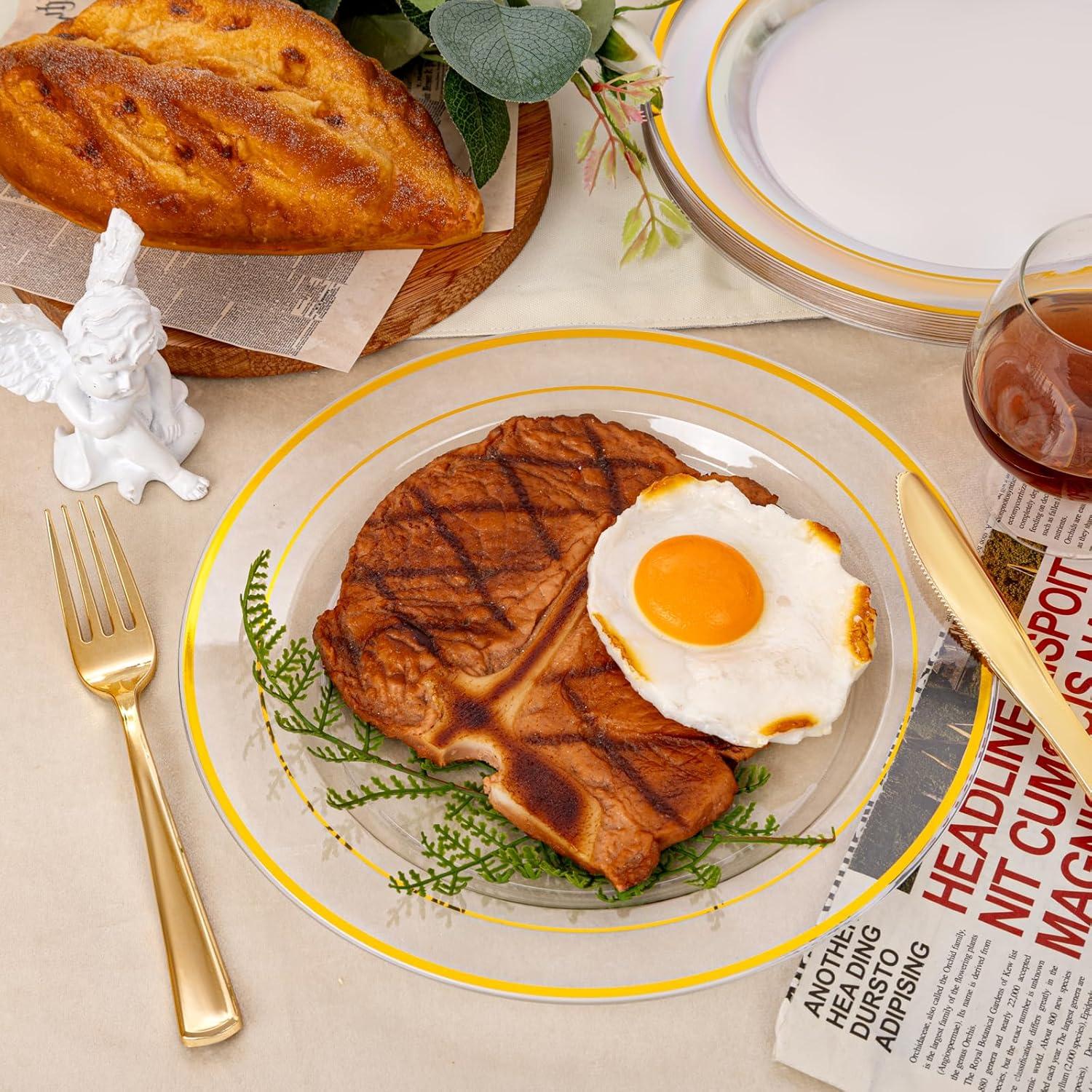 I00000 60pcs Plastic Gold Plates,10.25 inch Gold Rimmed Dinner Plates, White Disposable Plates, Parties or Wedding