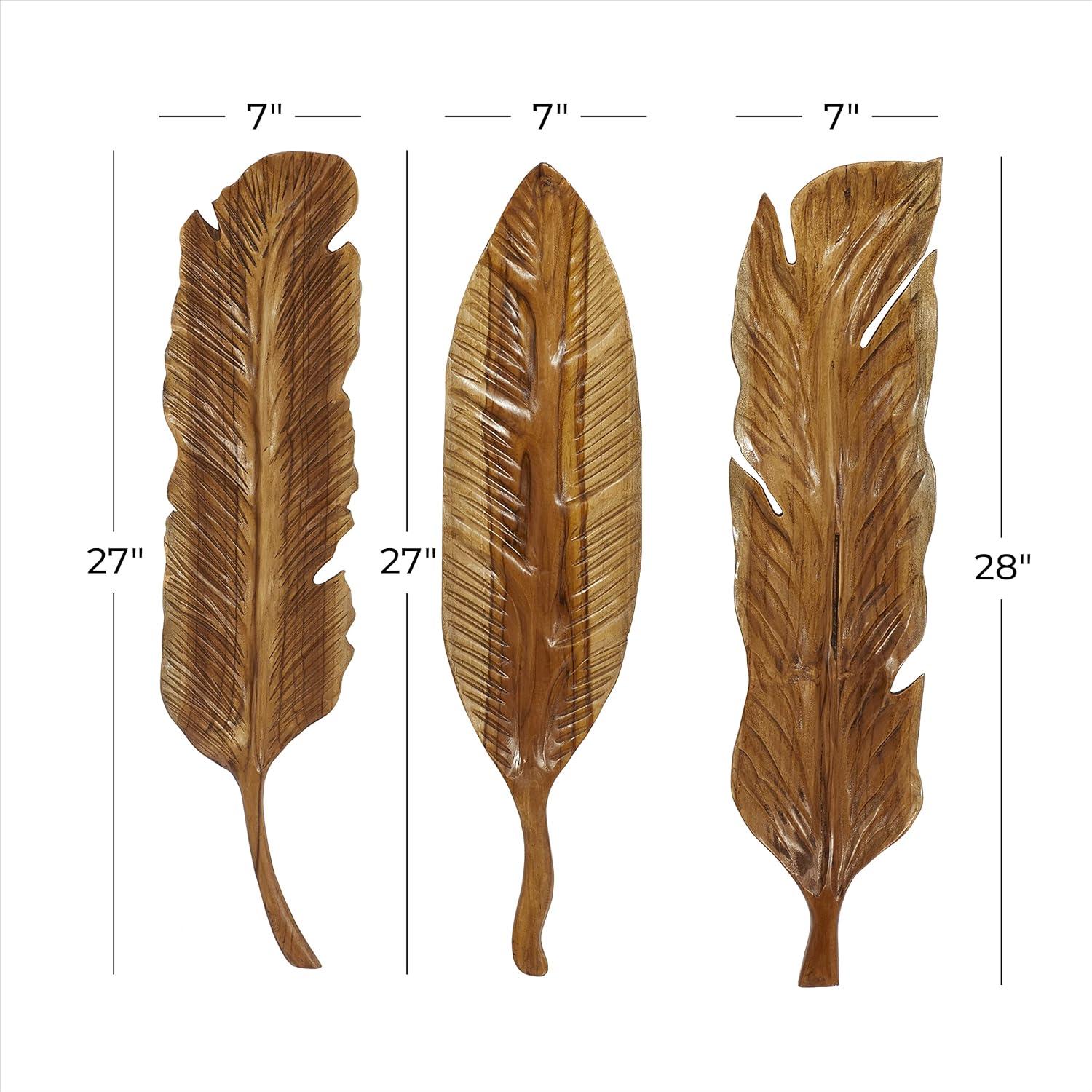 DecMode Brown Teak Wood Handmade Carved Feather Bird Wall Decor (3 Count)