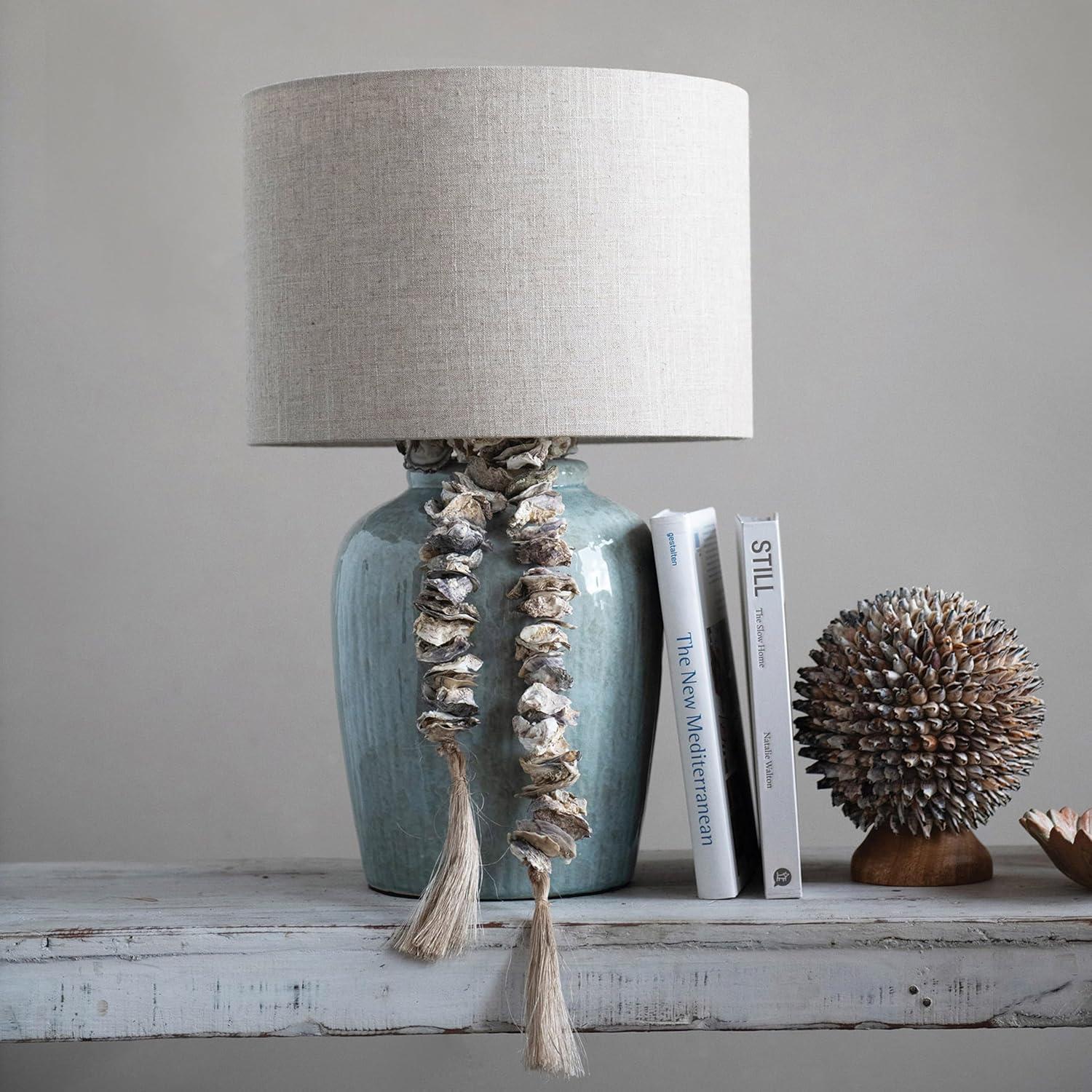 Creative Co-Op Coastal Aqua Blue Ceramic Stoneware Table Lamp with Natural Ivory Linen Shade, Reactive Glaze Finish