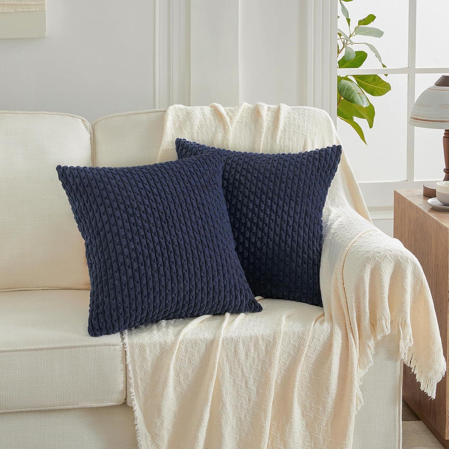 Navy Blue Cotton Blend Square Throw Pillow Set