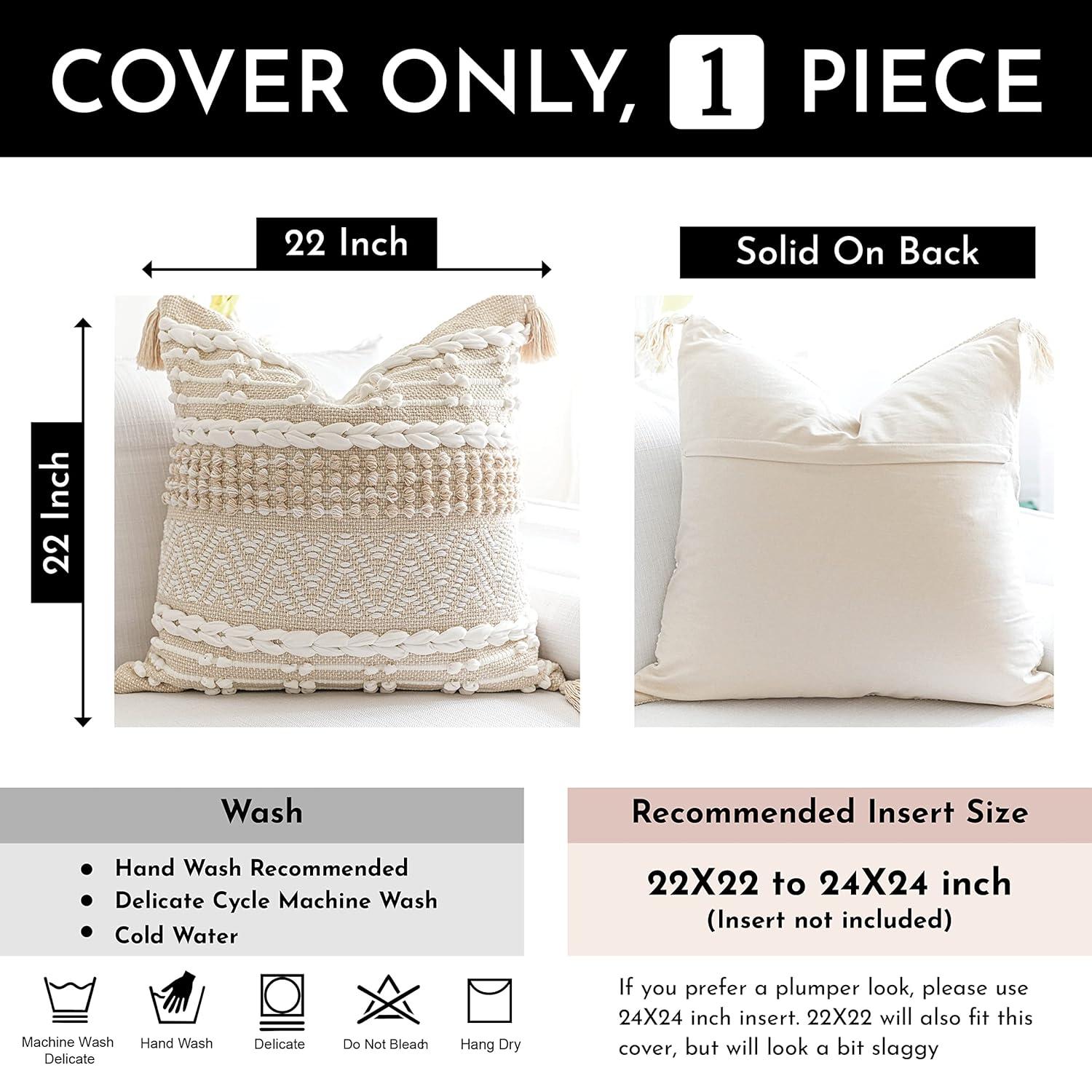 Boho Throw Pillow Cover 22X22, Large Decorative Accent Pillow for Couch, Square Woven Textured Pillowcase, Modern Boho Pillow for Bed, Bohemian Pillow Cover, Cream White (Pack of 1)