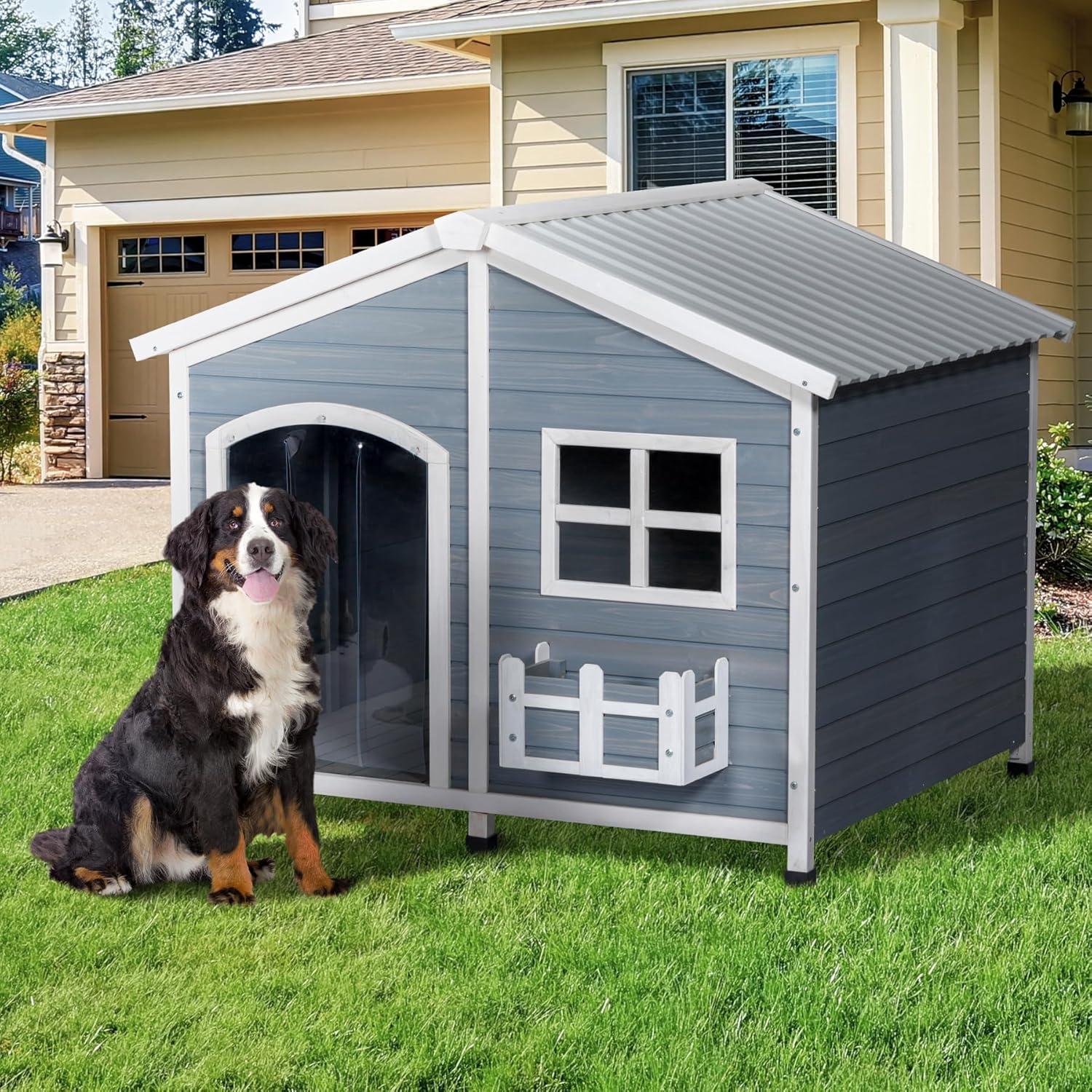 Petsfit 47" Dog House Outdoor with Waterproof PVC Roof, Extra Large Dog House for 2 Medium Dogs, Dog House Outdoor Large Breed, XXL Dog Houses with Window, Gray