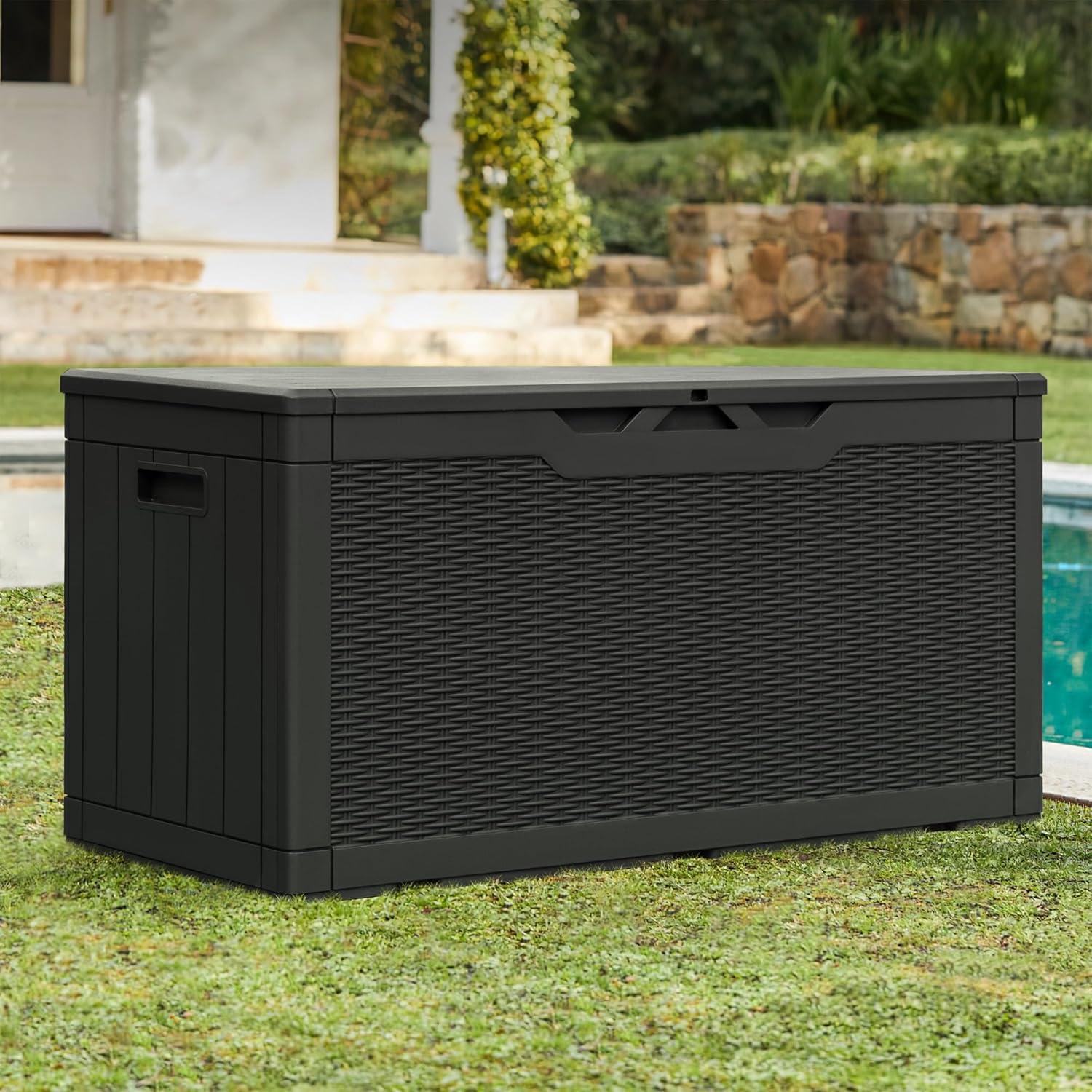 GEMBIK 100 Gallon Resin Deck Box, Large Outdoor Storage Bench with Cushions, Black