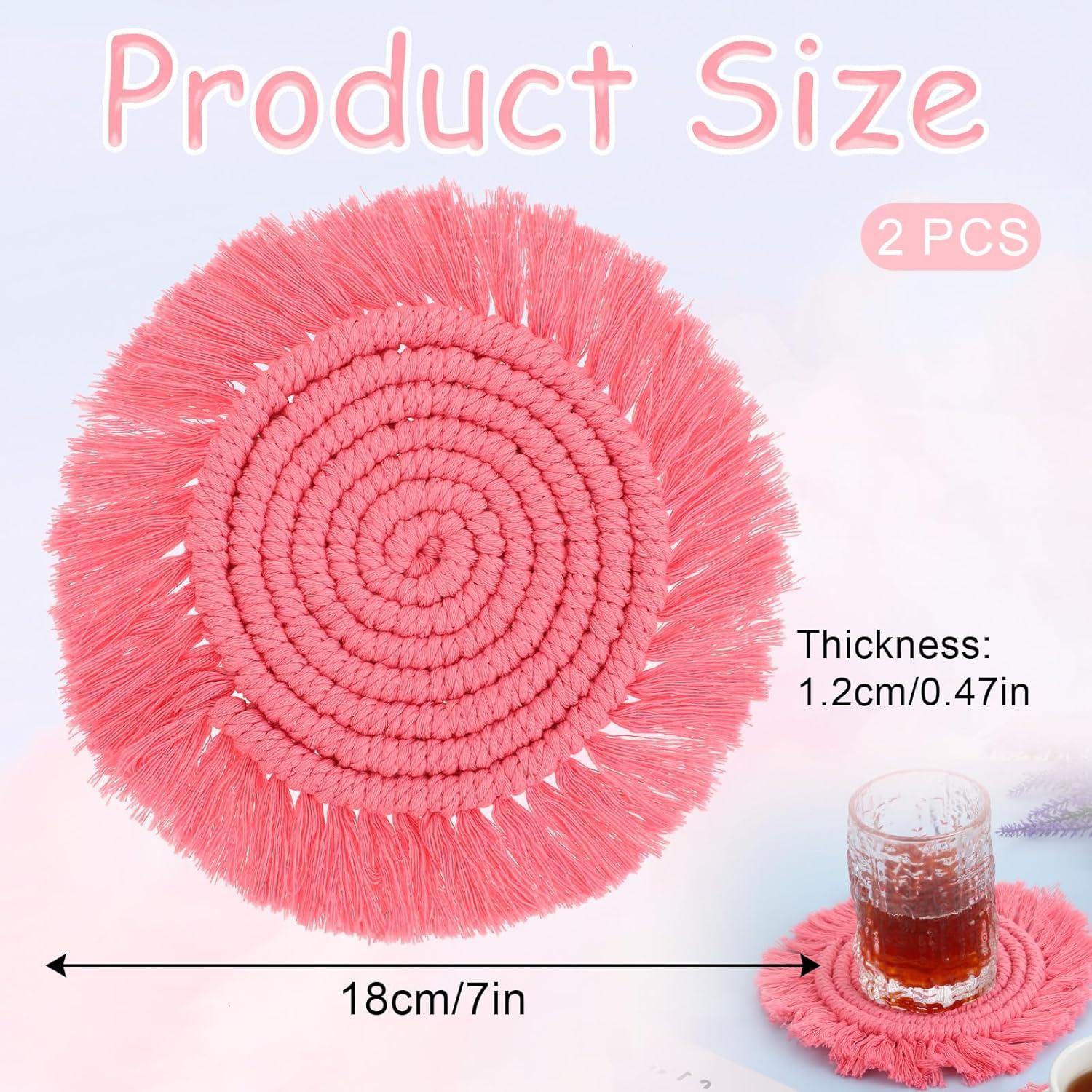 2 Posavasos Bohemios de Macramé para Bebidas, Posavasos Absorbentes con Borla, Posavasos Redondos de Algodón Hechos a Mano de 7 Pulgadas para Mesa de Escritorio, Cocina, Oficina, Hogar, Bar, Protección de Mesa, Regalo de Inauguración de la Casa, Rosa