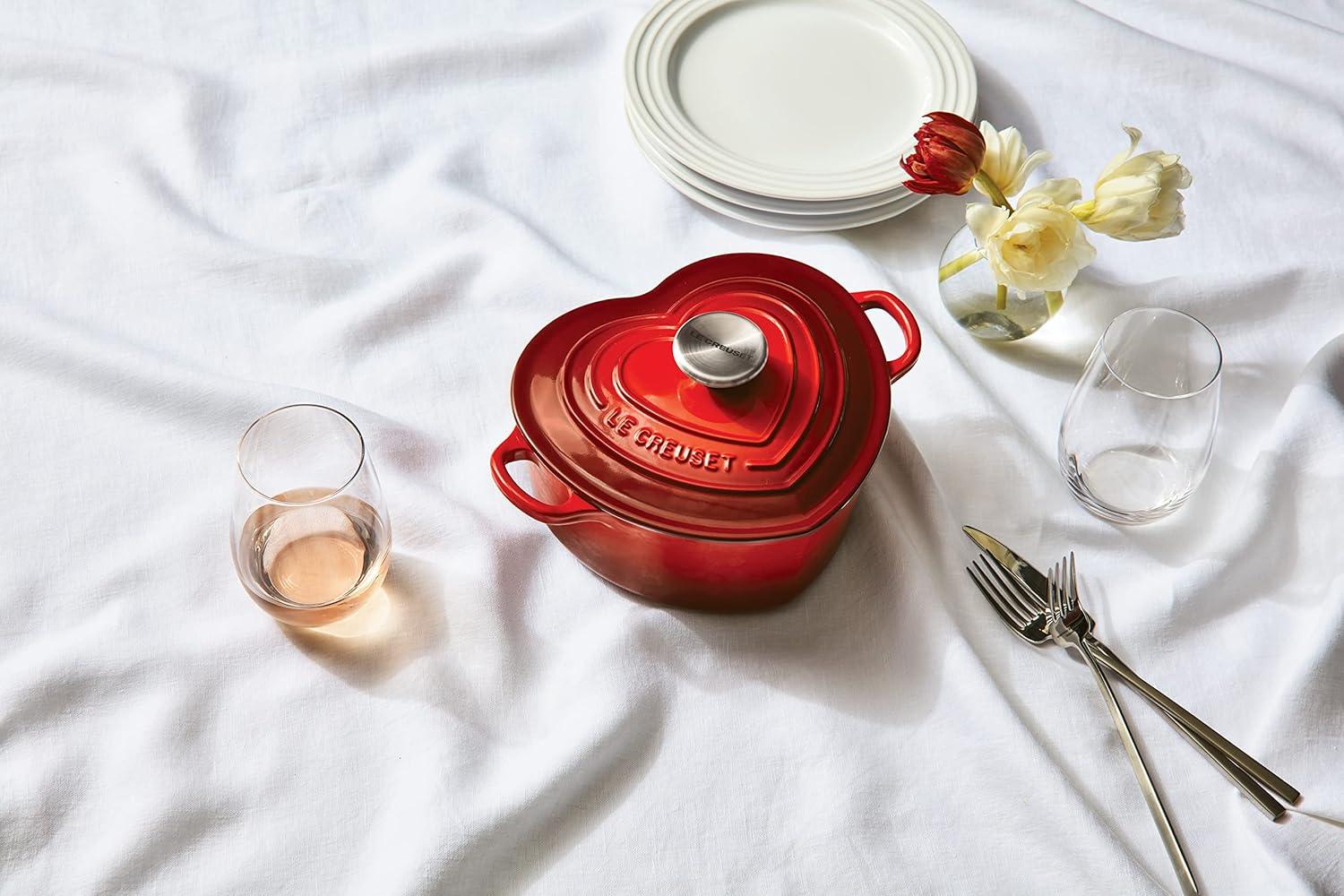 Cerise Red Enameled Cast Iron Heart Dutch Oven with Lid