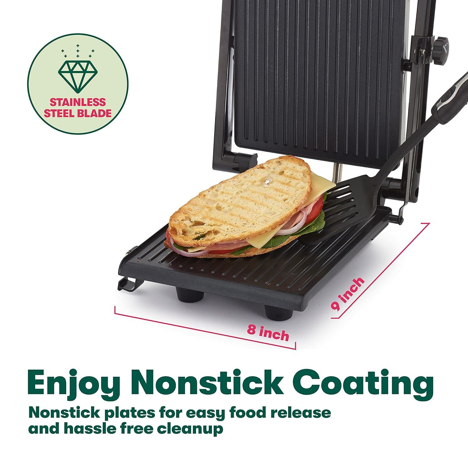 BELLA Panini Press, Sandwich Maker and Electric Indoor Grill with Double Nonstick Plates, Height Adjustable Lid and Removable Drip Tray, Stainless Steel