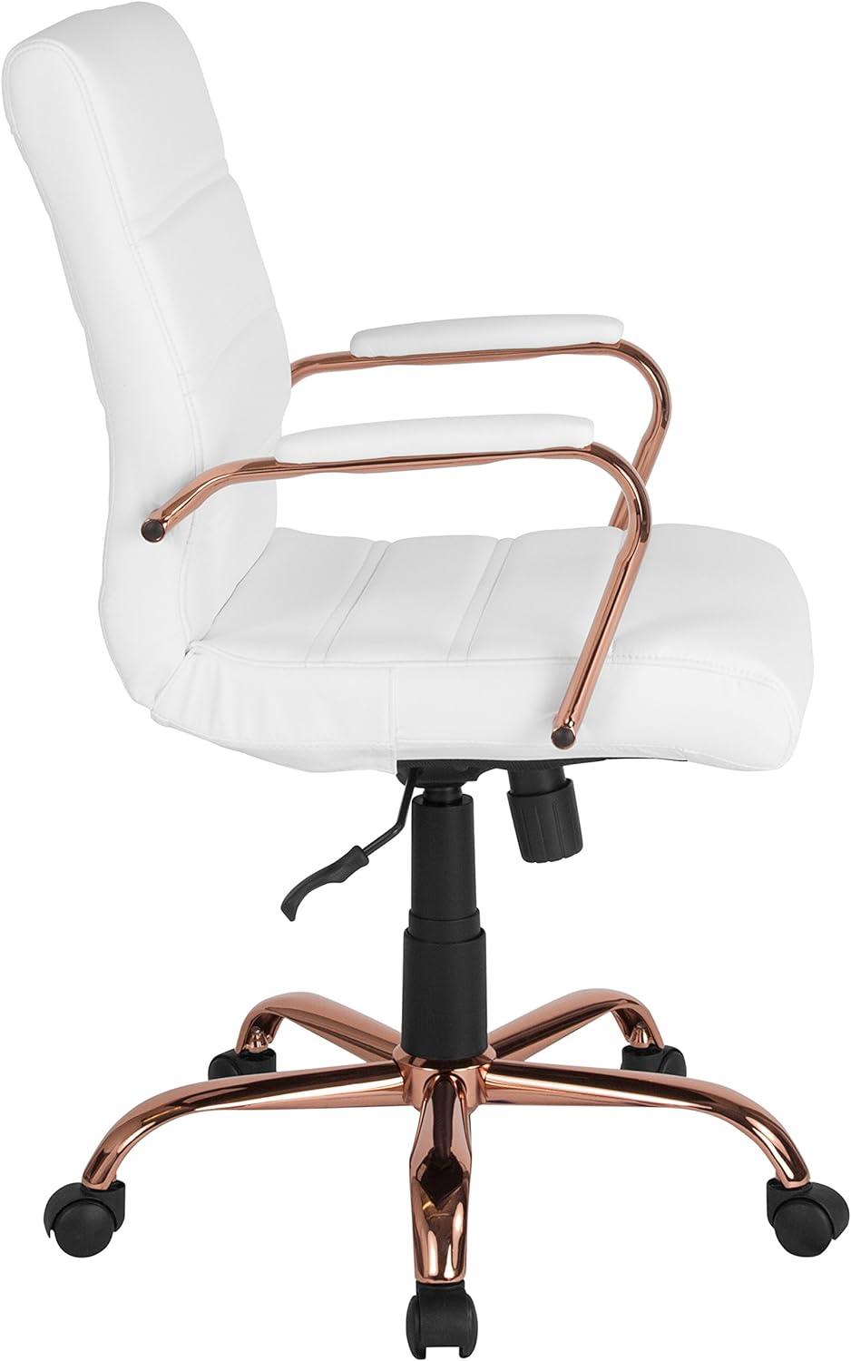 Mid-Back White LeatherSoft Swivel Executive Chair with Rose Gold Metal Frame