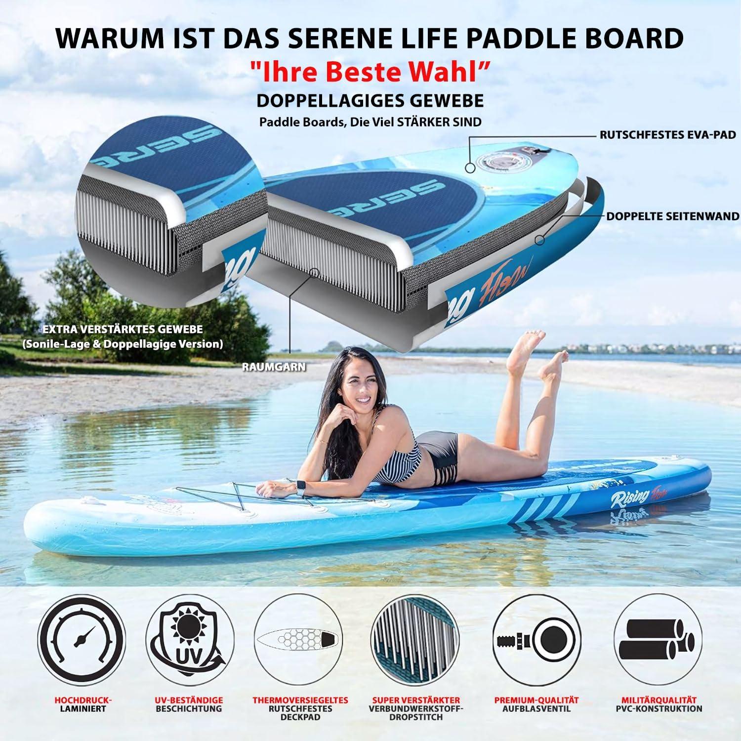 Serenelife Inflatable Stand Up Paddle Board (6 Inches Thick) With Premium SUP Accessories & Carry Bag | Wide Stance, Bottom Fin For Paddling, Surf Control, Non-Slip Deck | Youth & Adult Standing Boat