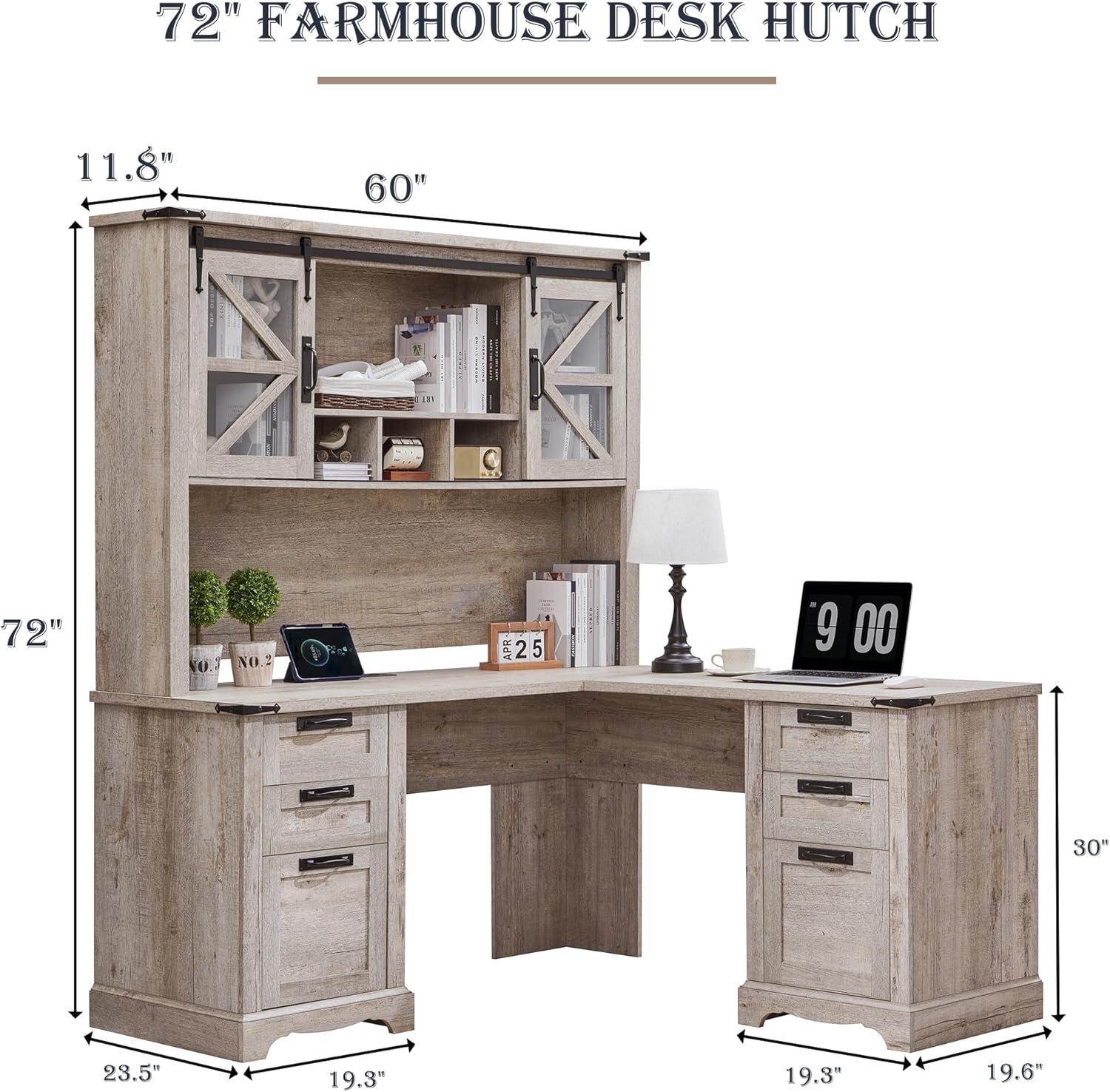 RedLemon 60" Farmhouse L Shaped Desk with Hutch, Wood Home Office Executive Desk with Drawer, Charging Station, File Drawer, Storage Cabinet, Rustic Writing Computer Desk (Antique White)