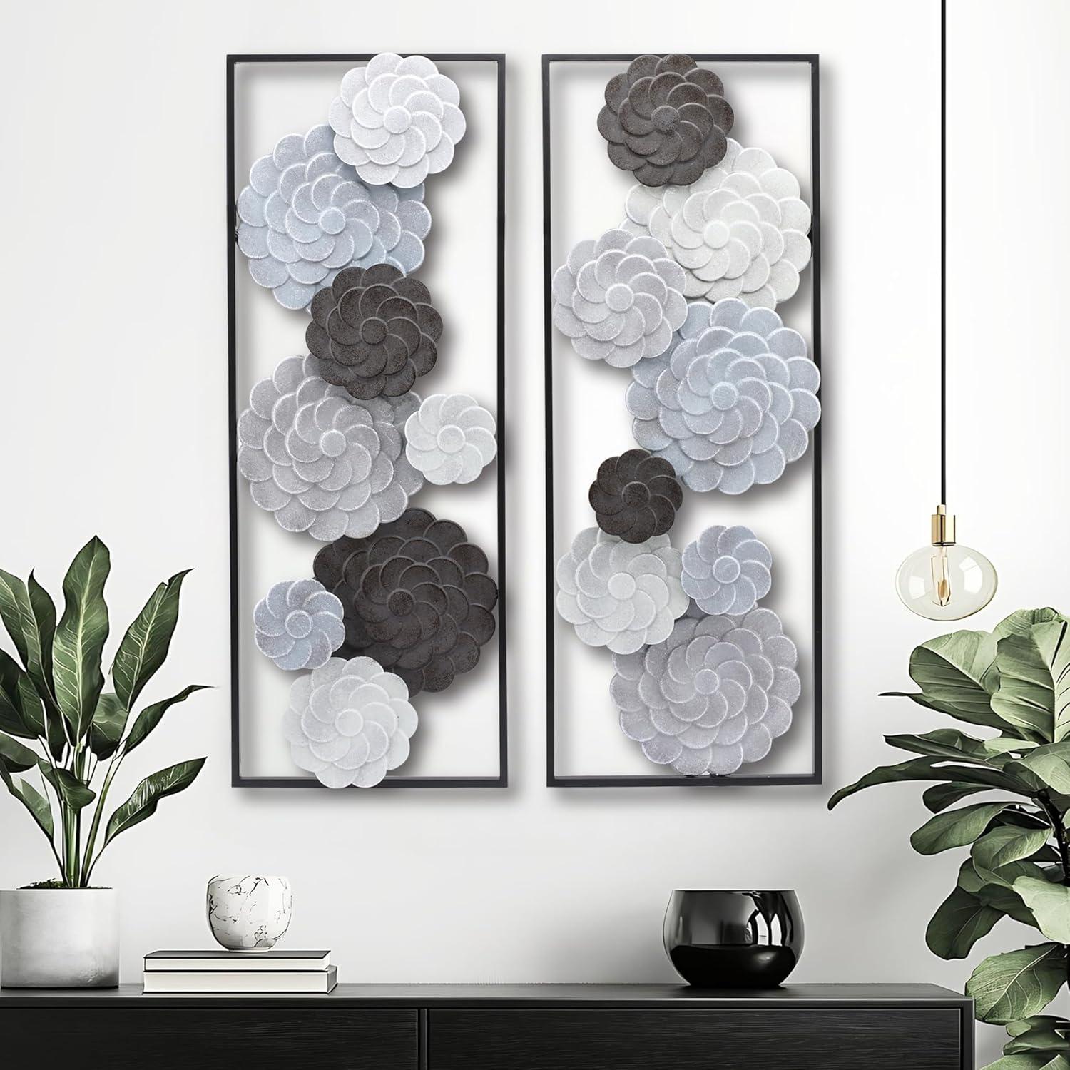 LuxenHome Multi-Color Flowers Metal Rectangular Panels Wall Decor Wall Art, Set of 2 Multicolored