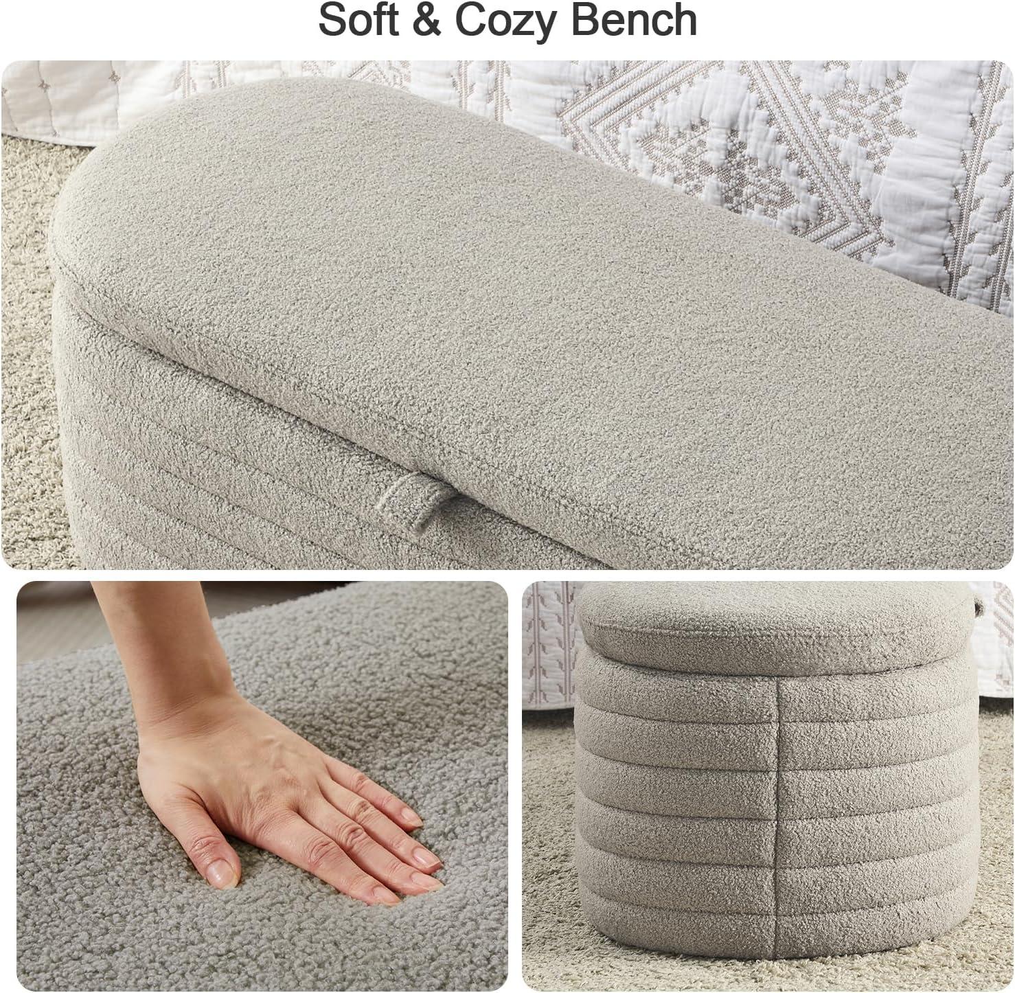 Gray Upholstered Fabric Storage Ottoman Bench with Safety Hinge