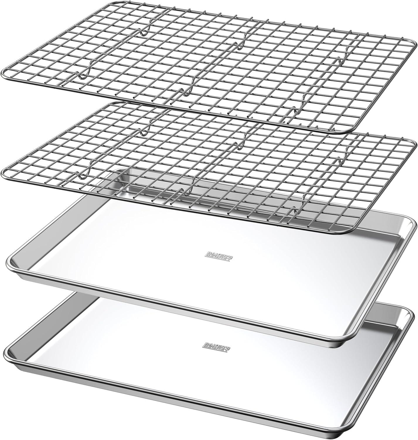 100% Recycled Aluminum by Baker's Secret, Bakeware Set 4pcs, 2x Baking Trays for Oven Cookie Sheet 18" with 2x Stainless Steel Rack Never Rust - The Natural Aluminum Collection