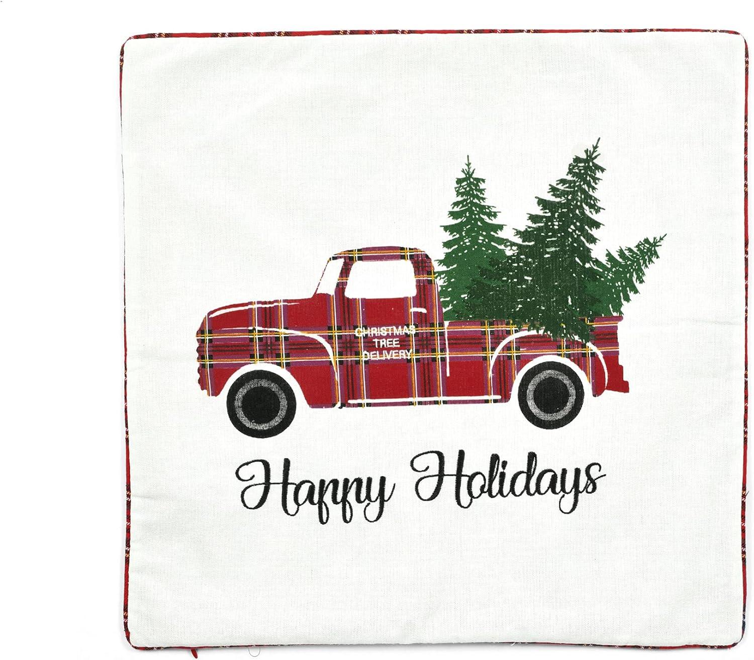 Lush Decor Lush Décor Cotton Blend, Holiday Truck Plaid Embroidery Script Decorative Pillow Cover Red Single 20 in x 20 in