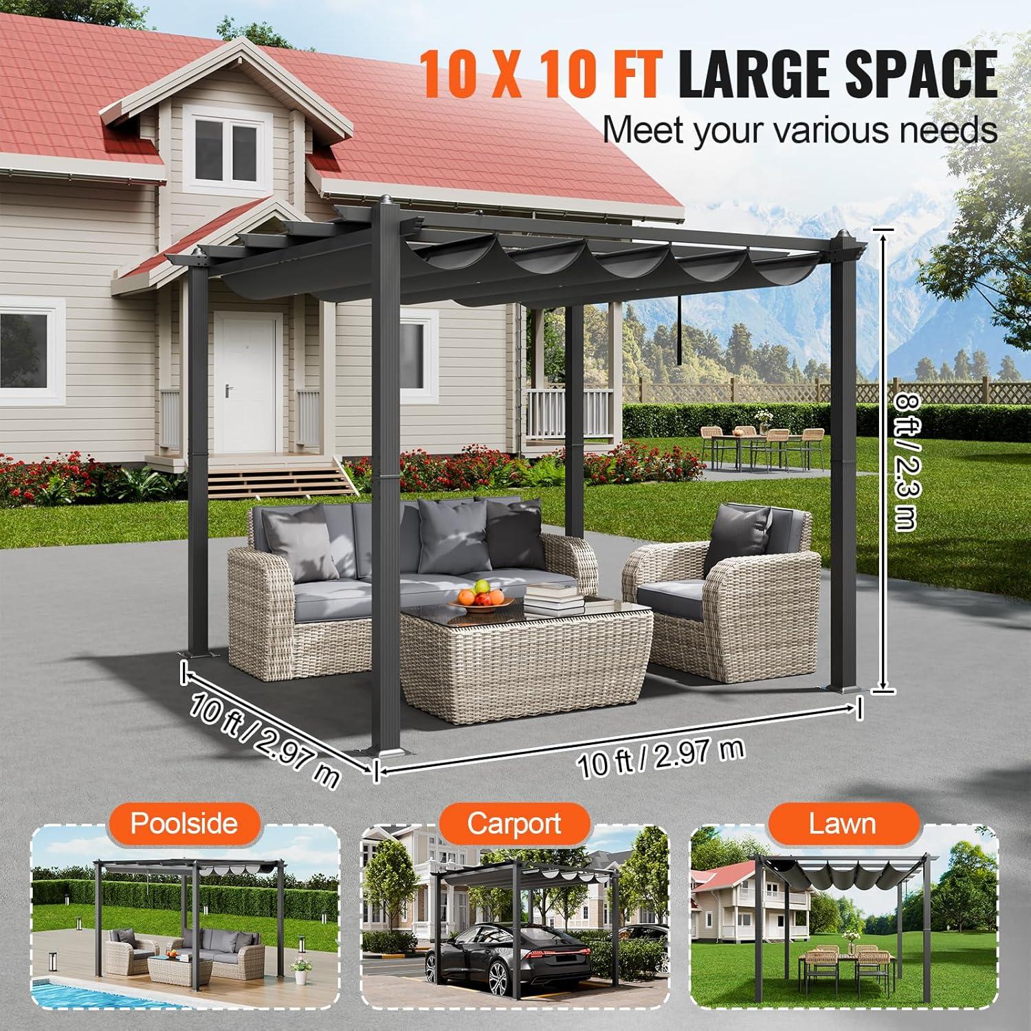 Gray Aluminum Outdoor Pergola with Retractable Canopy