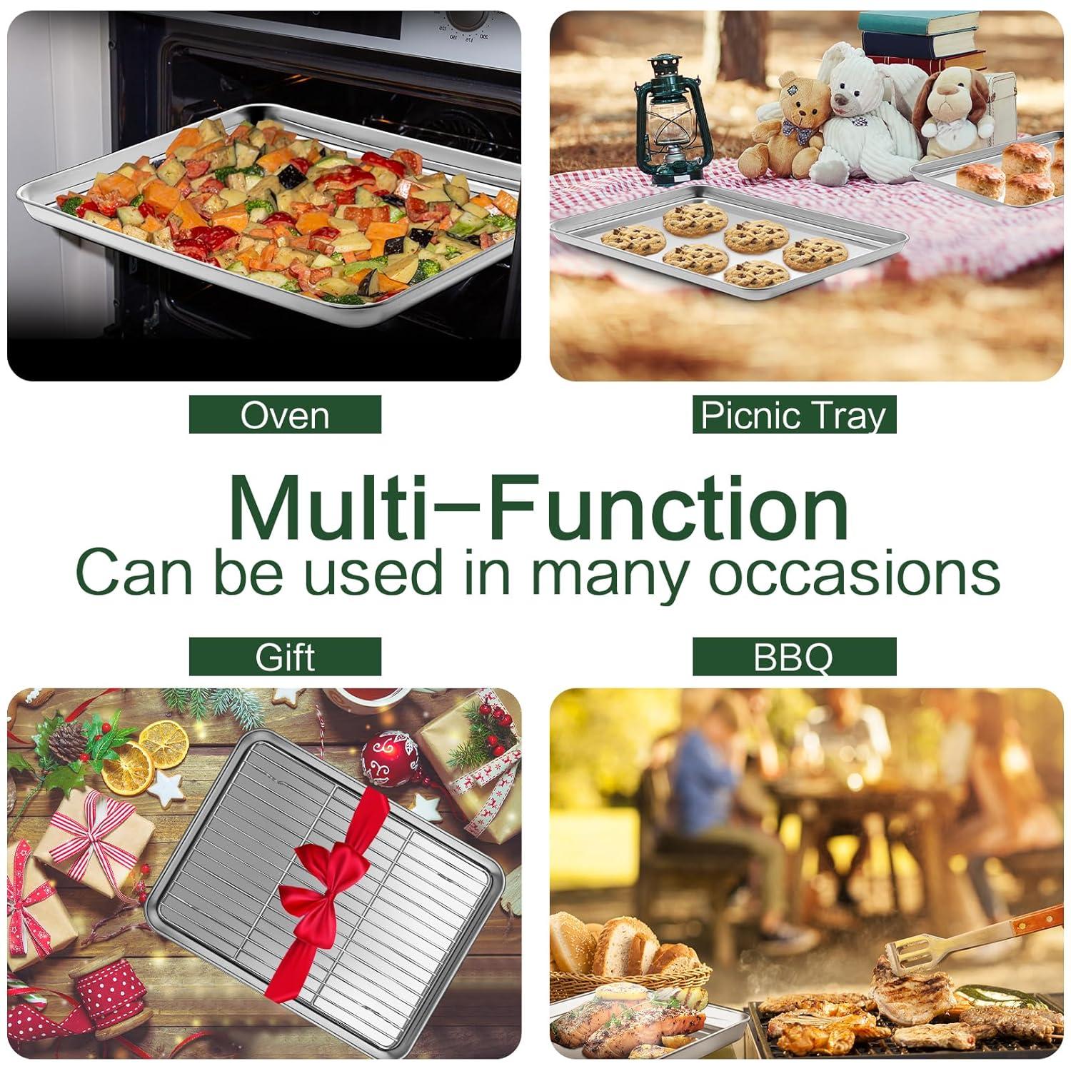 Baking Sheet with Rack Set [2 Pans + 2 Racks ] HKJ Chef Stainless Steel Cookie Sheet Baking Pan Tray with Cooling Rack, Size 9x7x1 Inch, Non Toxic & Heavy Duty & Easy Clean