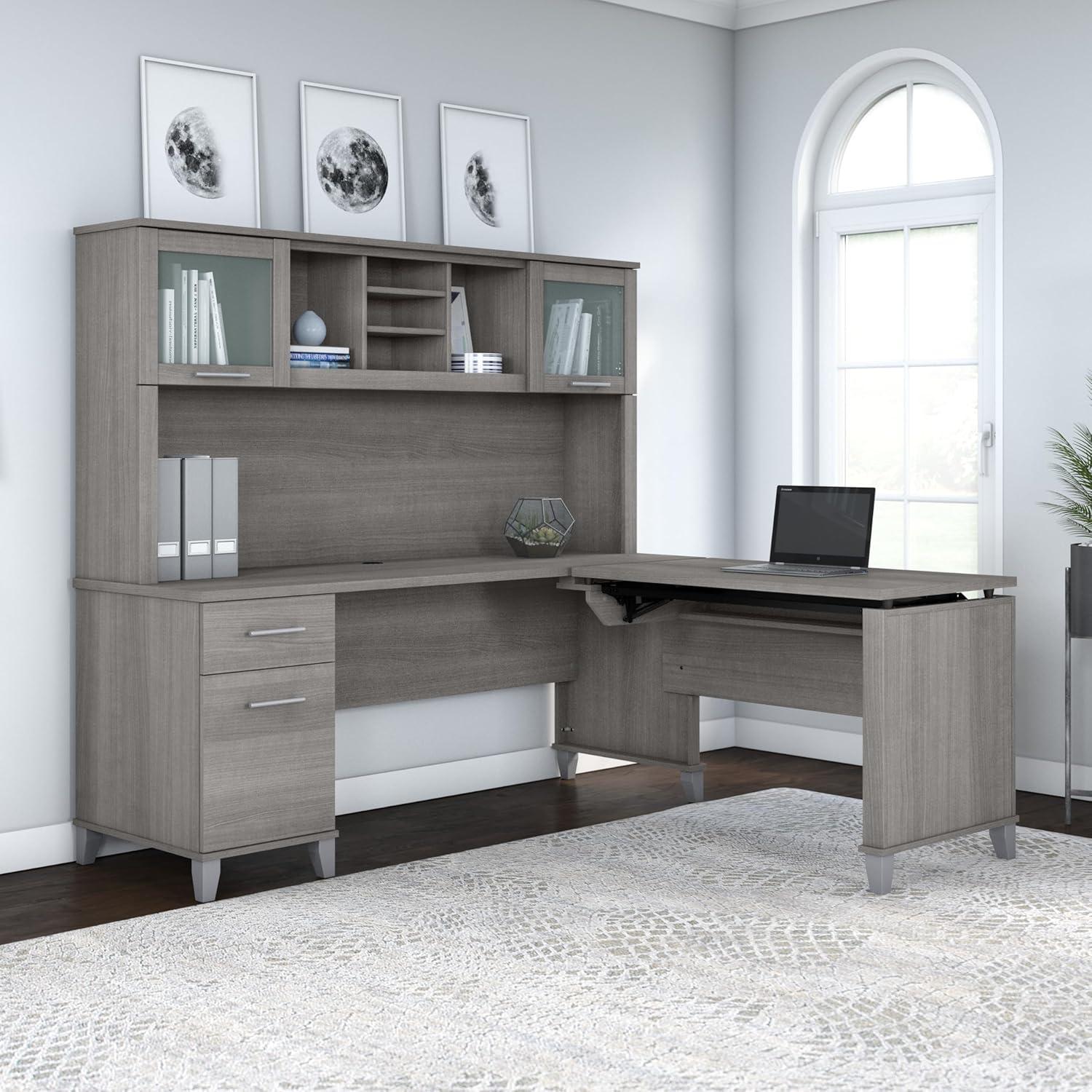 Somerset 72W Sit to Stand L Desk with Hutch in Platinum Gray - Engineered Wood