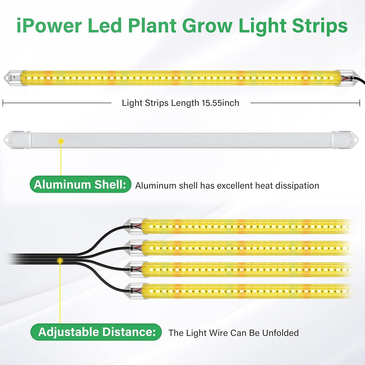 iPower 60W Full Spectrum LED Plant Grow Light Strips for Indoor Plants with Auto ON/Off 3/9/12H Timer, 10 Dimmable Levels 48 LEDs Per Tude, for Hydroponics Succulent, 4 Tubes, Yellow