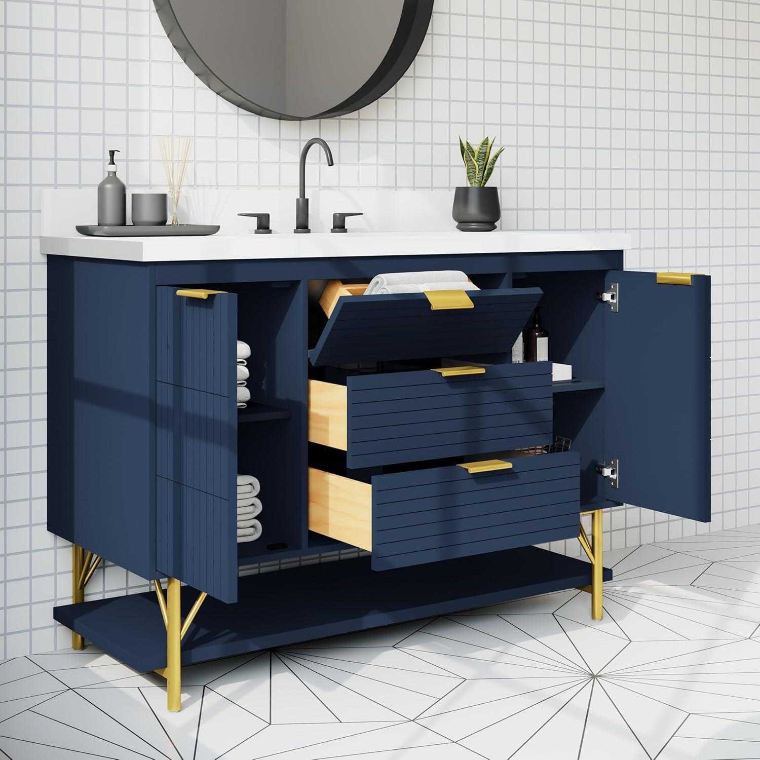 Calletano 48-Inch Navy Blue Freestanding Bathroom Vanity with Quartz Top