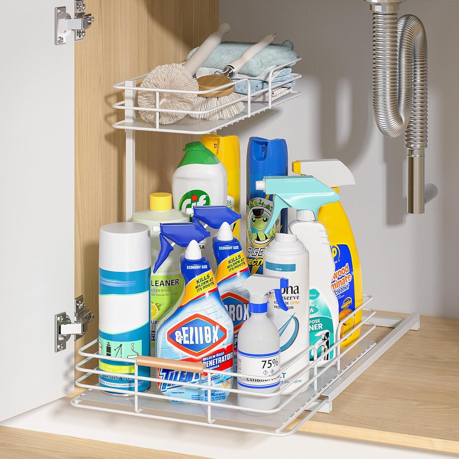 Under Sink Organizers and Storage, Pull Out Bathroom Kitchen Cabinet Organizers and Storage, 2-Tier White Under Sink Shelf Organizer Under Counter Storage Organizer