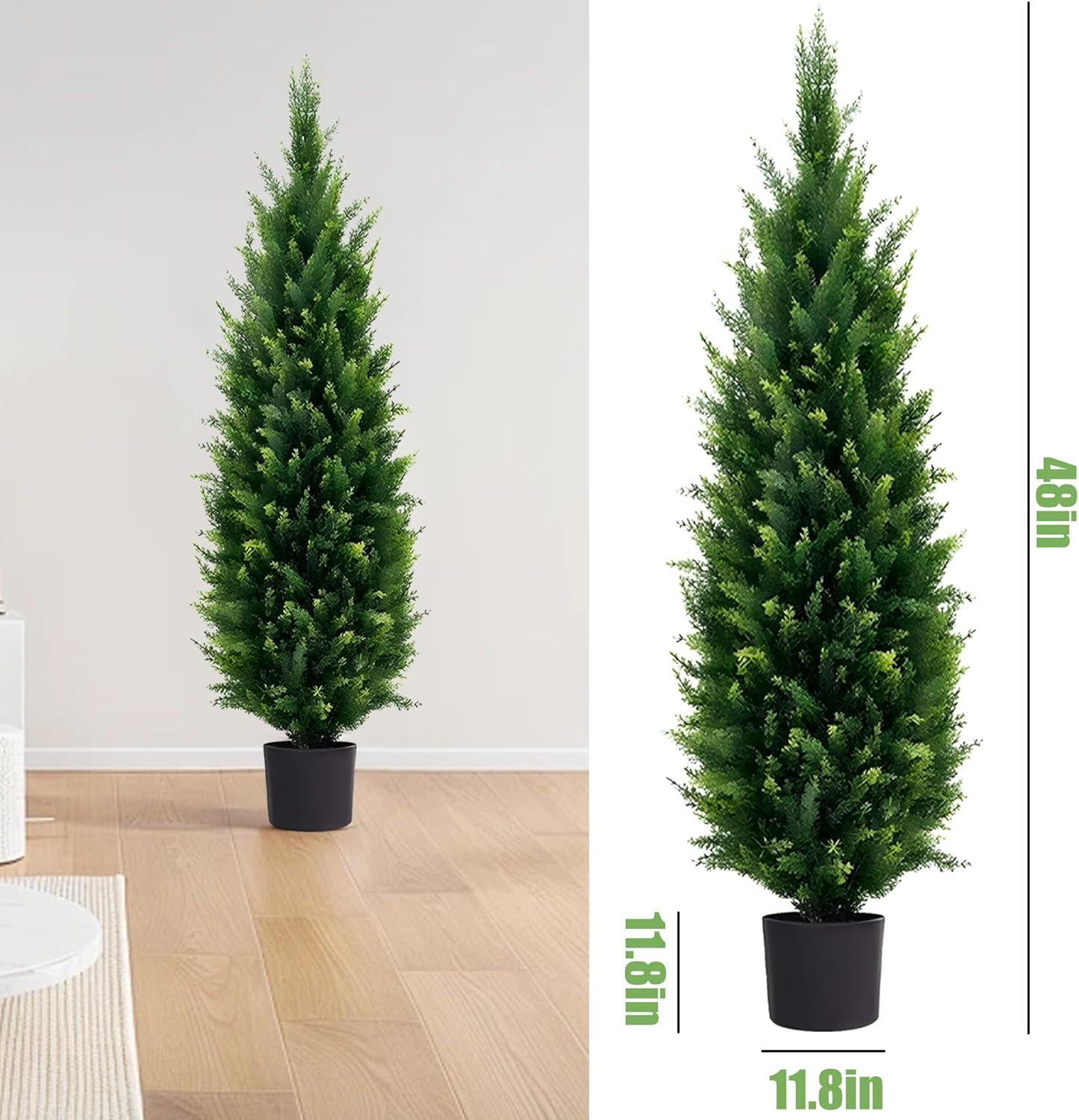4FT 2-Pack Artificial Cedar Topiary Trees UV Resistant Potted Shrubs Fake Plants, Faux Pine Tree Plant for Home Office Garden Front Porch Patio Indoor Outdoor Party Wedding  Decor