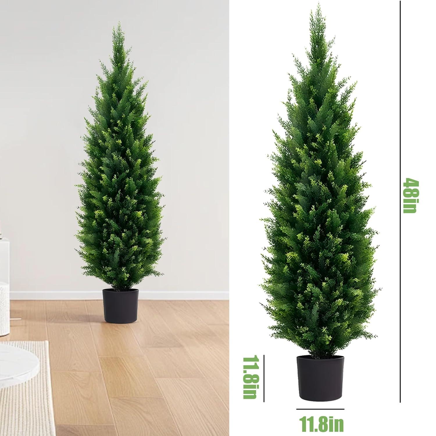 4FT 2-Pack Artificial Cedar Topiary Trees UV Resistant Potted Shrubs Fake Plants, Faux Pine Tree Plant for Home Office Garden Front Porch Patio Indoor Outdoor Party Wedding  Decor