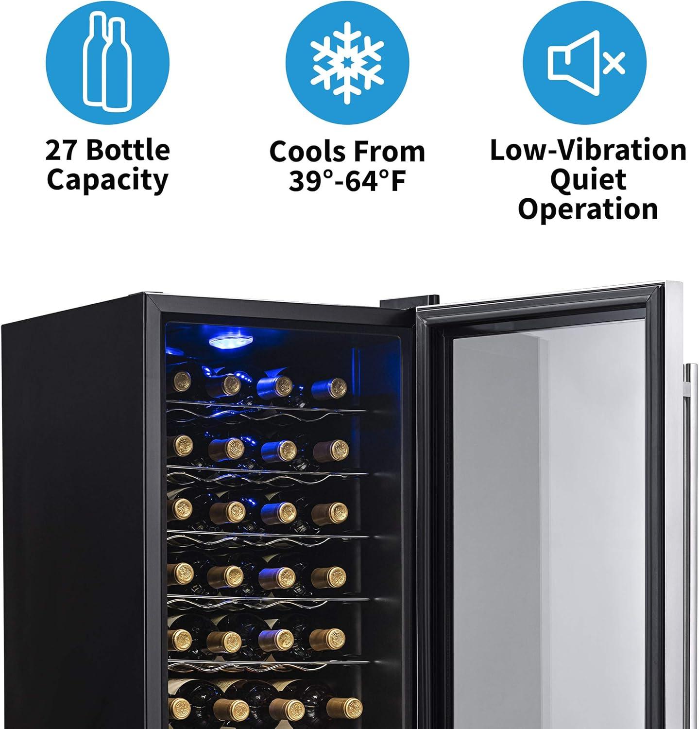 Newair 27 Bottle Wine Cooler in Stainless Steel with Removable Shelves and Safety Lock