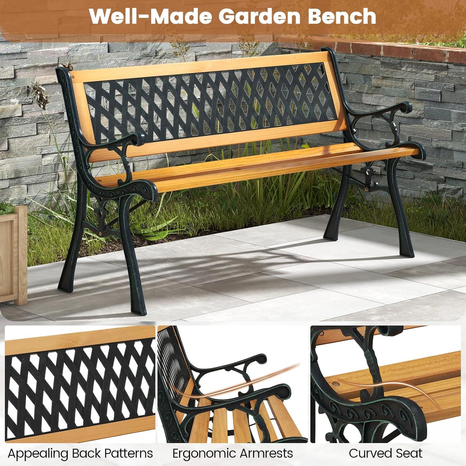 Natural Hardwood and Black Cast Iron Outdoor Garden Bench