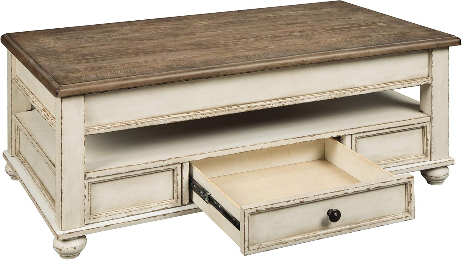 Realyn Coffee Table with Lift Top White/Brown - Signature Design by Ashley: Mid-Century Style, Storage, Wood Legs