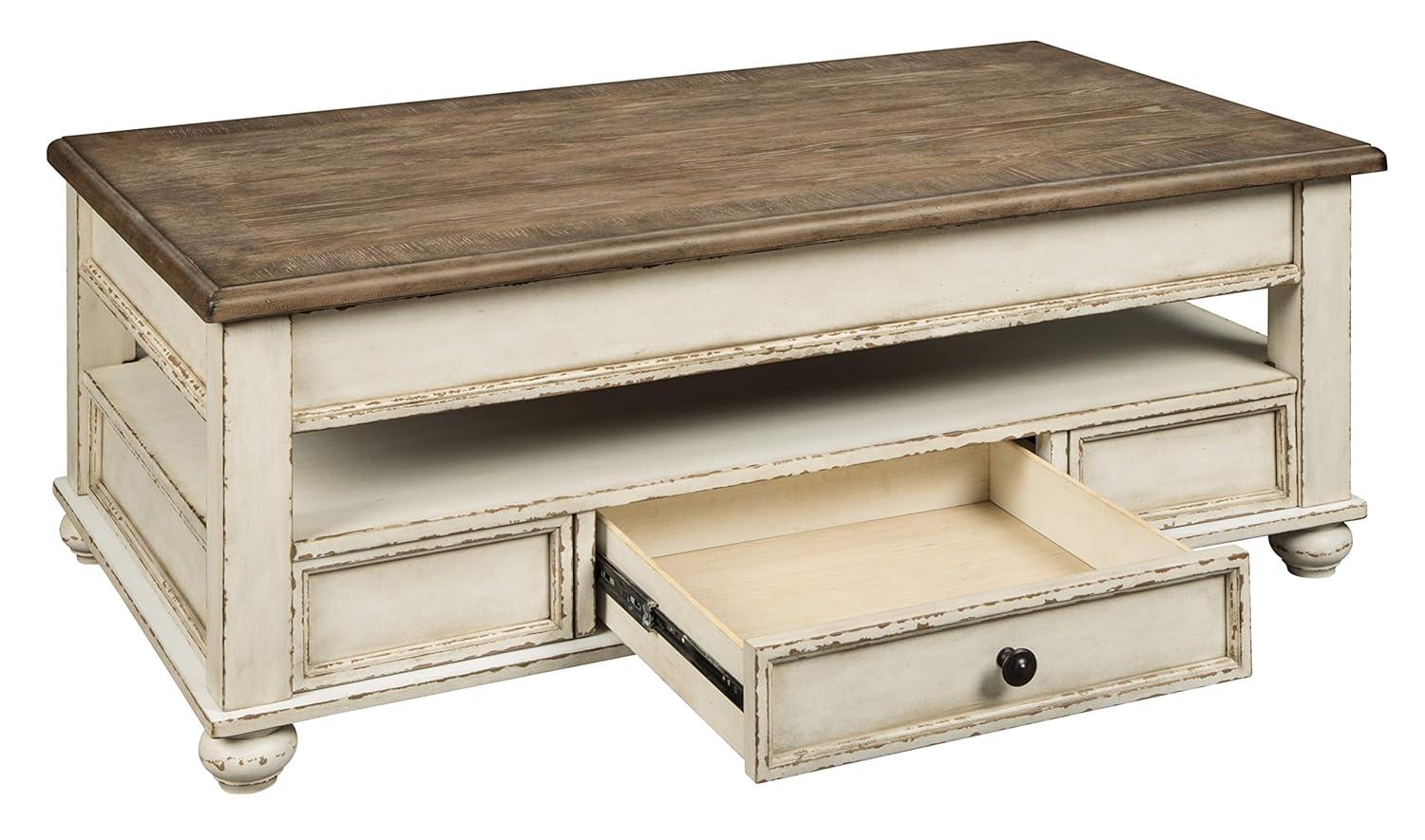 Realyn Coffee Table with Lift Top White/Brown - Signature Design by Ashley: Mid-Century Style, Storage, Wood Legs