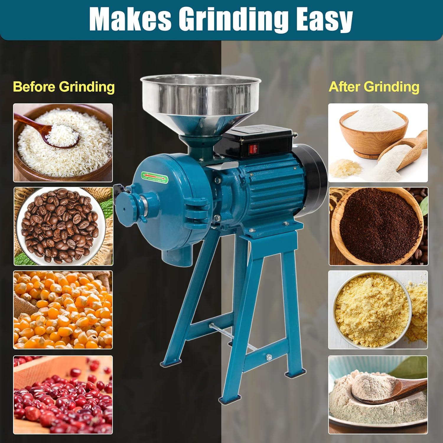 Grain Mills, Upgraded 3000W Wet Dry Cereals Grinder Electric Grain Grinder Corn Mill Heavy Duty 110V Commercial Grain Grinder Machine With Funnel