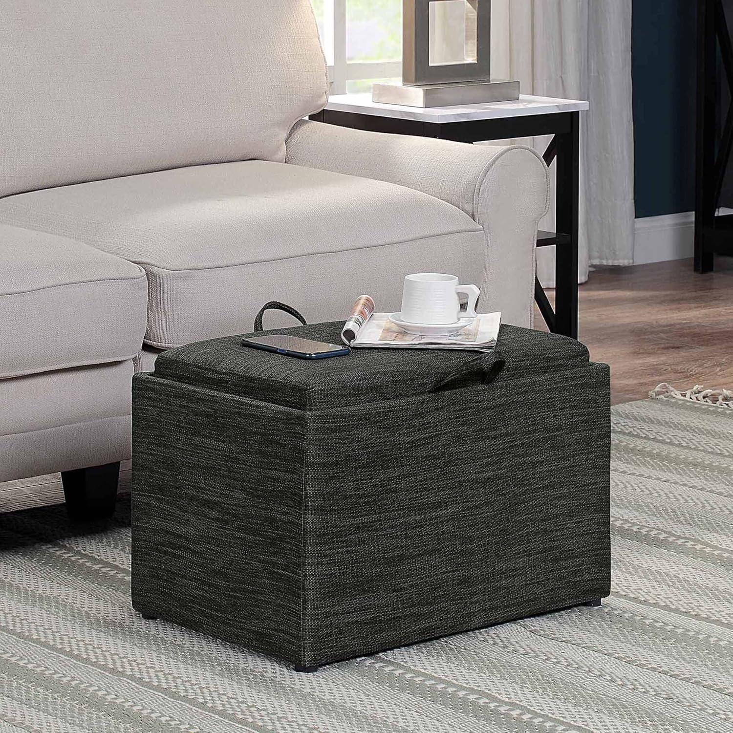 Modern Dark Charcoal Gray Fabric Storage Ottoman with Reversible Tray, 23"