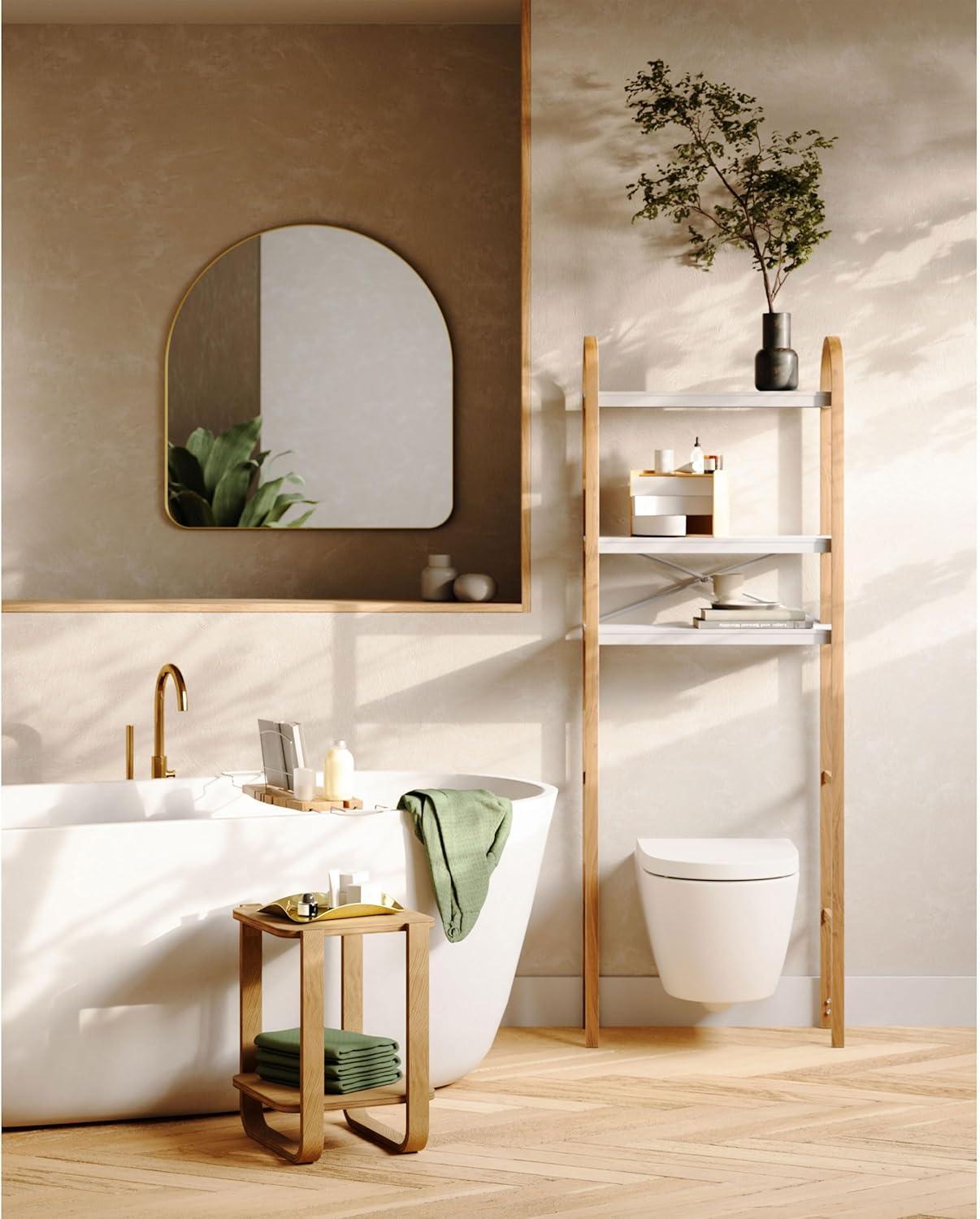 White and Natural Wood Over-the-Toilet Storage Shelf