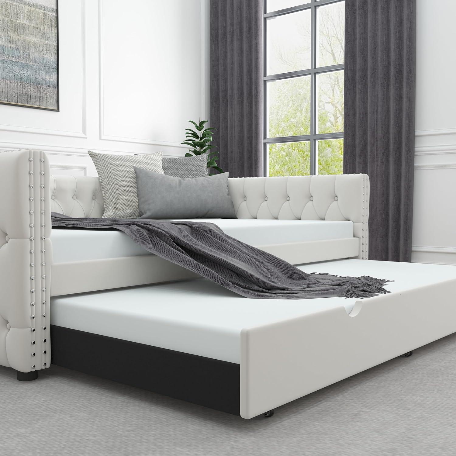 KNeretva Velvet Full Daybed with Twin Trundle, Modern Upholstered Full Size Day Bed Button-Tufted Sofa Daybed Frame (Black)
