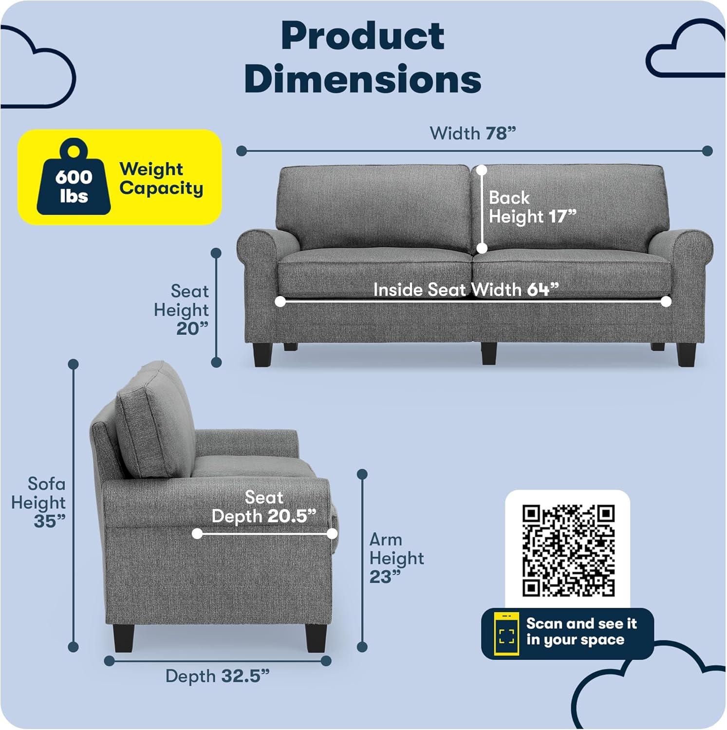 Serta Copenhagen 78" Rolled Arm Sofa, Easy Care Fabric, Soft Pillow Back, Pocket Coil Seat Cushions