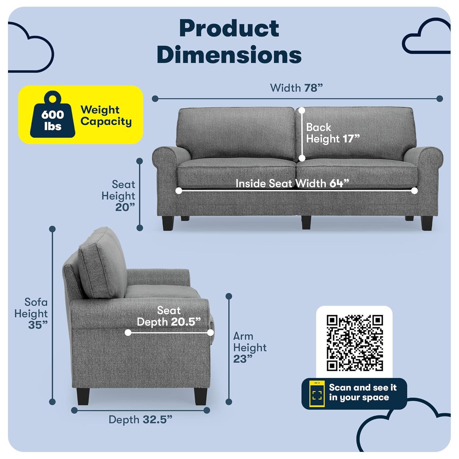 Serta Copenhagen 78" Rolled Arm Sofa, Easy Care Fabric, Soft Pillow Back, Pocket Coil Seat Cushions